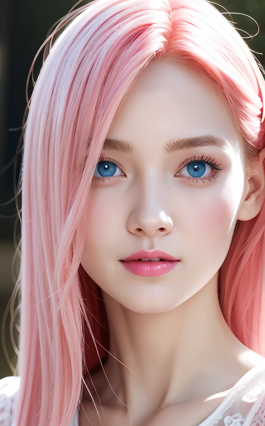 best quality, ultra high res, (photorealistic:1.4), (detailed beautiful girl:1.4), (medium breasts:0.8), looking_at_viewer, Detailed facial details, beautiful detailed eyes,pink hair, blue eyes, slender, haunting smile, (makeup:0.3), red lips, highly detailed clothes, (ulzzang-6500-v1.1:0.3)