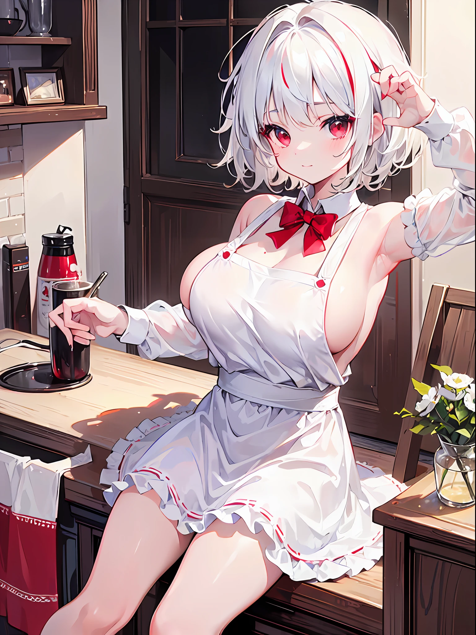 ((Best Quality, 8k, Masterpiece: 1.3)),cute , ,child ,huge breasts ,white hair ,red eyes ,naked apron ,happy ,short hair ,messy hair ,cat girl