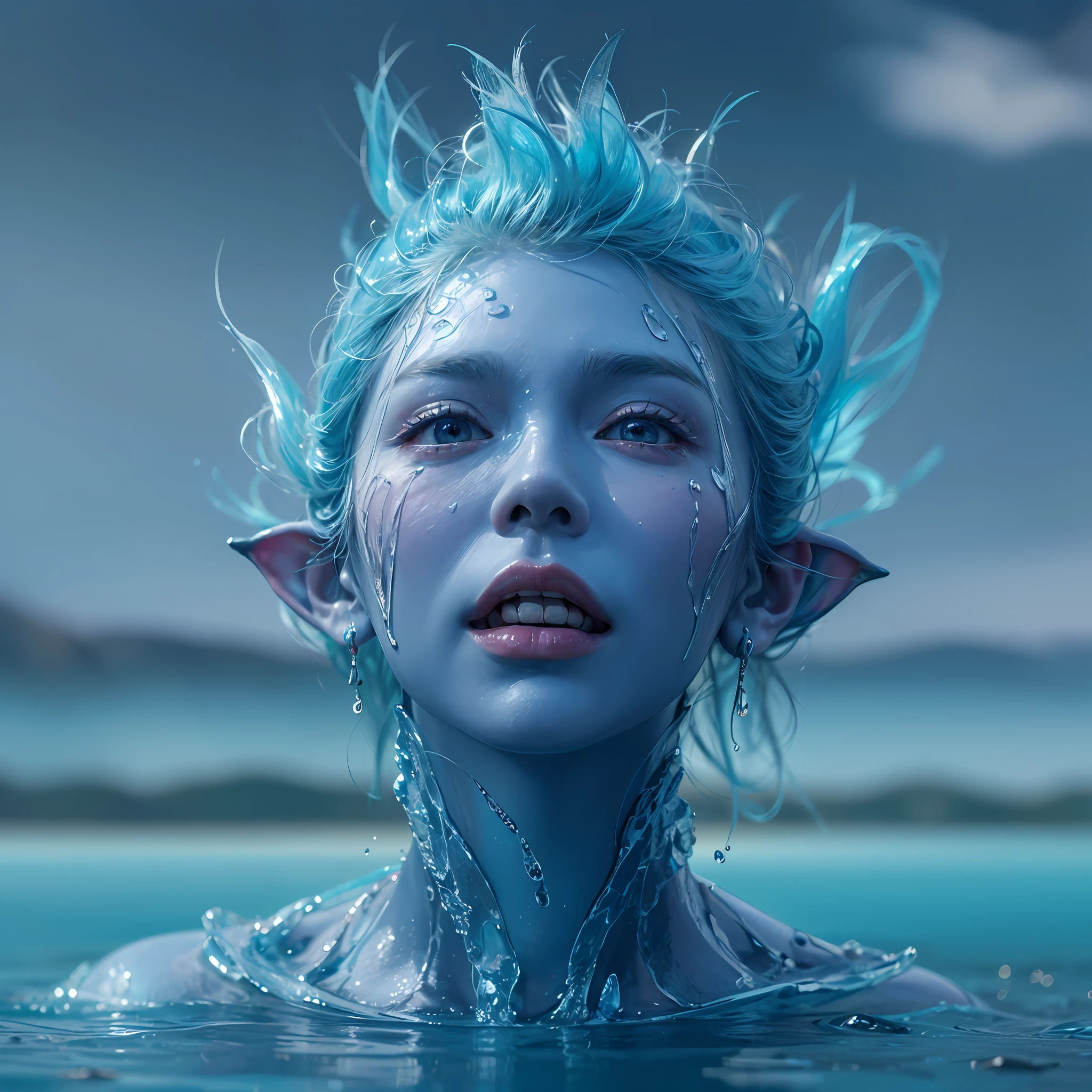 (masuter piece:1.3)、(8K、Photorealsitic、Raw photography、top-quality: 1.4)、超A high resolution、A hyper-realistic、high-detail、Water Fairy、Blue and clear whole body、Lake in the background、The Monster、blue face、Face made of water