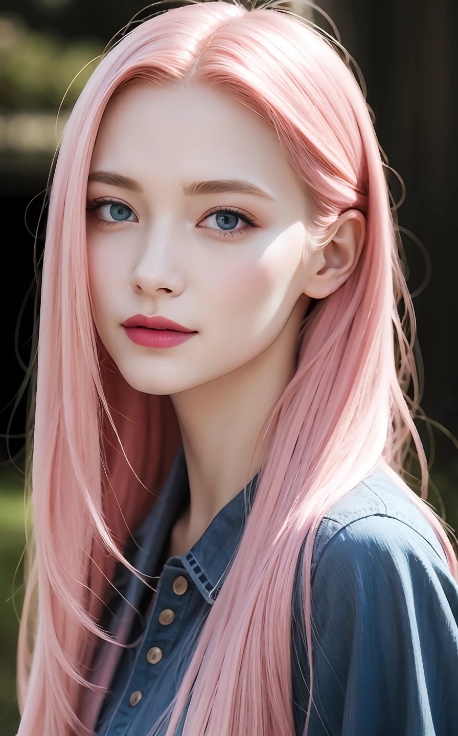 best quality, ultra high res, (photorealistic:1.4), (detailed beautiful girl:1.4), (medium breasts:0.8), looking_at_viewer, Detailed facial details, beautiful detailed eyes,pink hair, blue eyes, slender, haunting smile, (makeup:0.3), red lips, highly detailed clothes, (ulzzang-6500-v1.1:0.3)