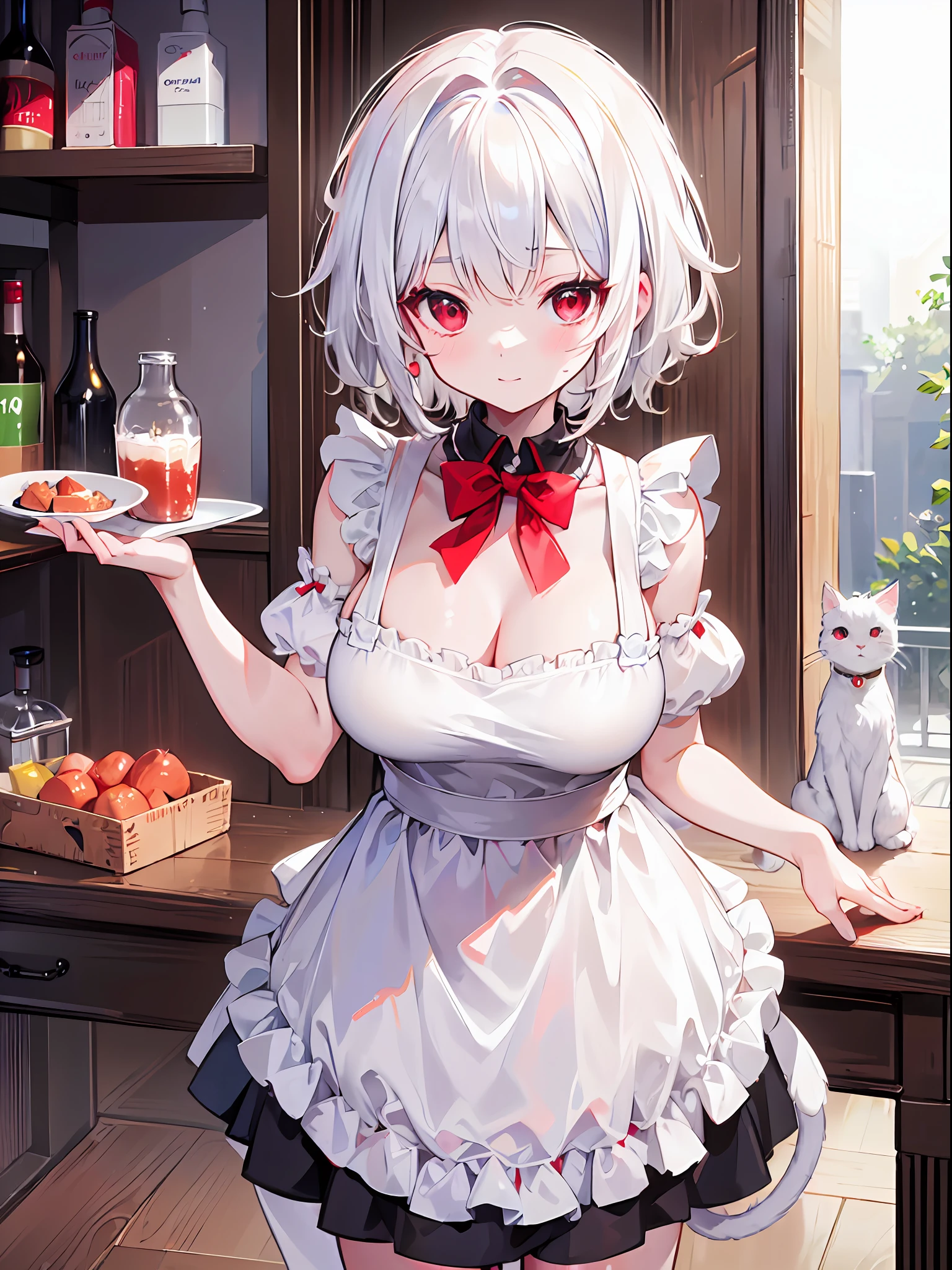 ((Best Quality, 8k, Masterpiece: 1.3)),cute ,loli ,child ,huge breasts ,white hair ,red eyes ,naked apron ,happy ,short hair ,messy hair ,cat girl