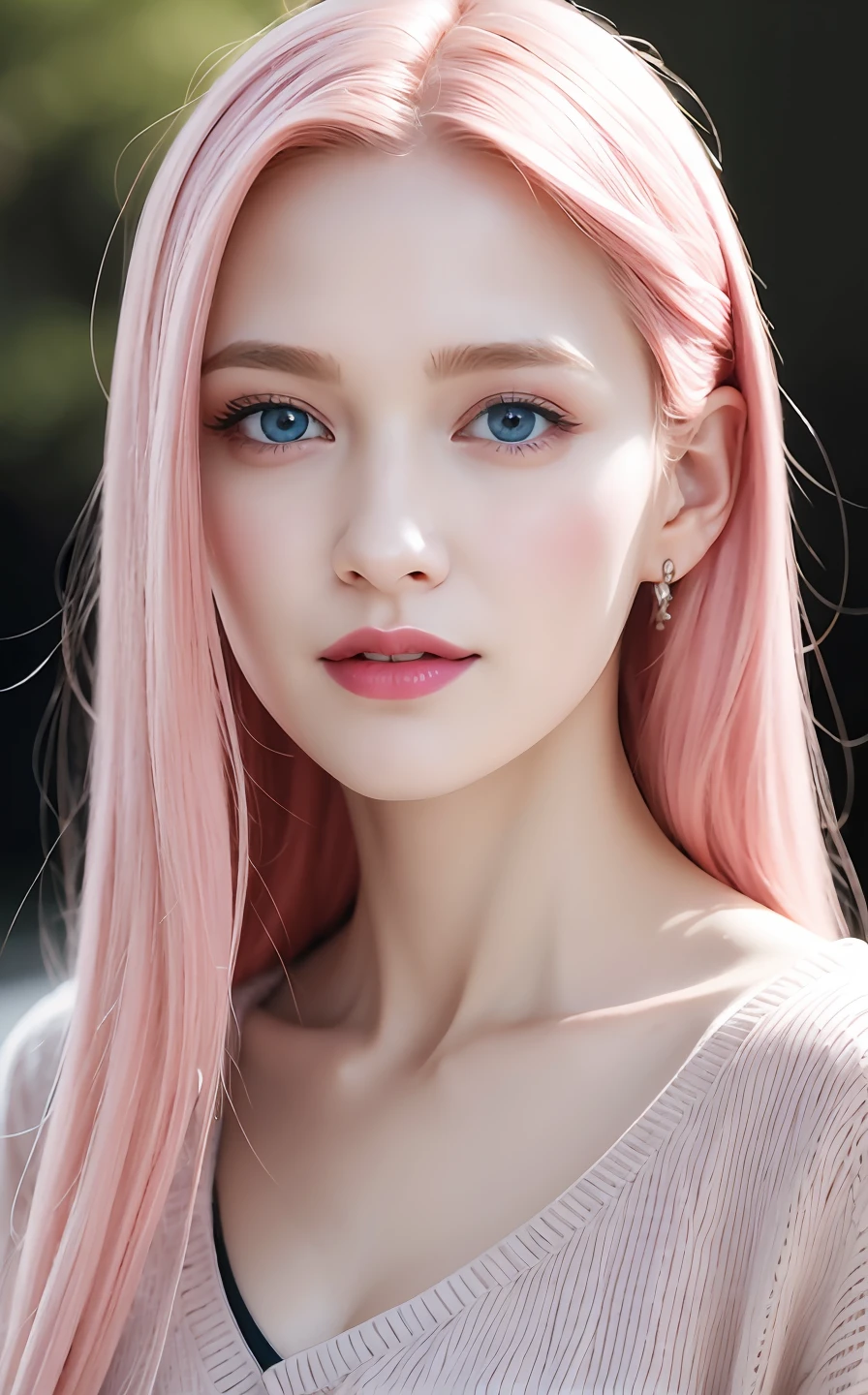 best quality, ultra high res, (photorealistic:1.4), (detailed beautiful girl:1.4), (medium breasts:0.8), looking_at_viewer, Detailed facial details, beautiful detailed eyes,pink hair, blue eyes, slender, haunting smile, (makeup:0.3), red lips, highly detailed clothes, (ulzzang-6500-v1.1:0.3)