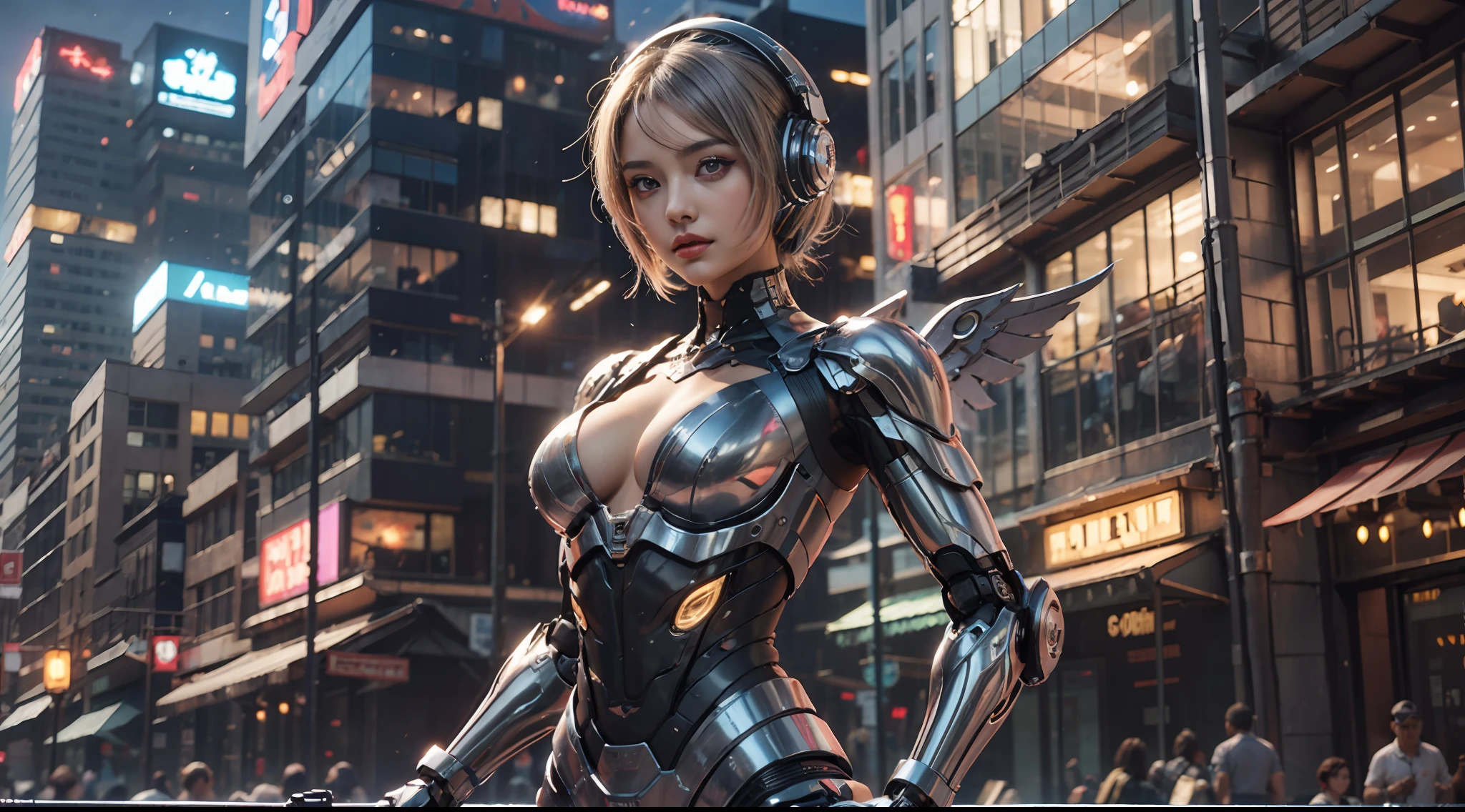 Girl in futuristic suit holding weapon,In front of the city of gunsmoke,Gunsmoke Street,battlefiled, Real women,Real face,cute female child, The perfect cyborg girl,Wearing sci-fi headphones, Beautiful female ,beautiful girl cyborg,silber hair,robotic hand,CG,4K,dramatics,Large breasts,the night,Mechanical wings,cyber punk perssonage