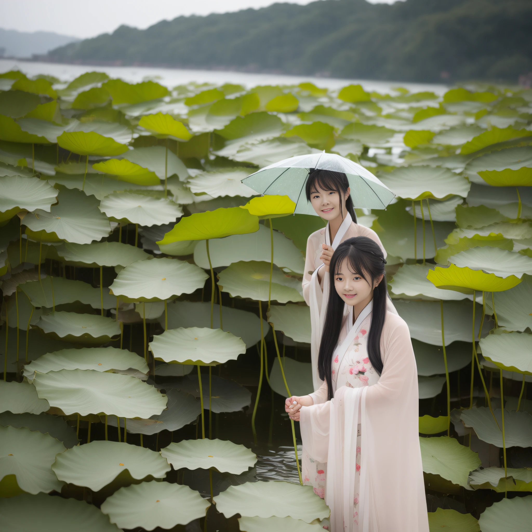 On a rainy day,Hanfu woman standing on the shore picking lotus flowers,Next to her, Another woman held an umbrella for her。