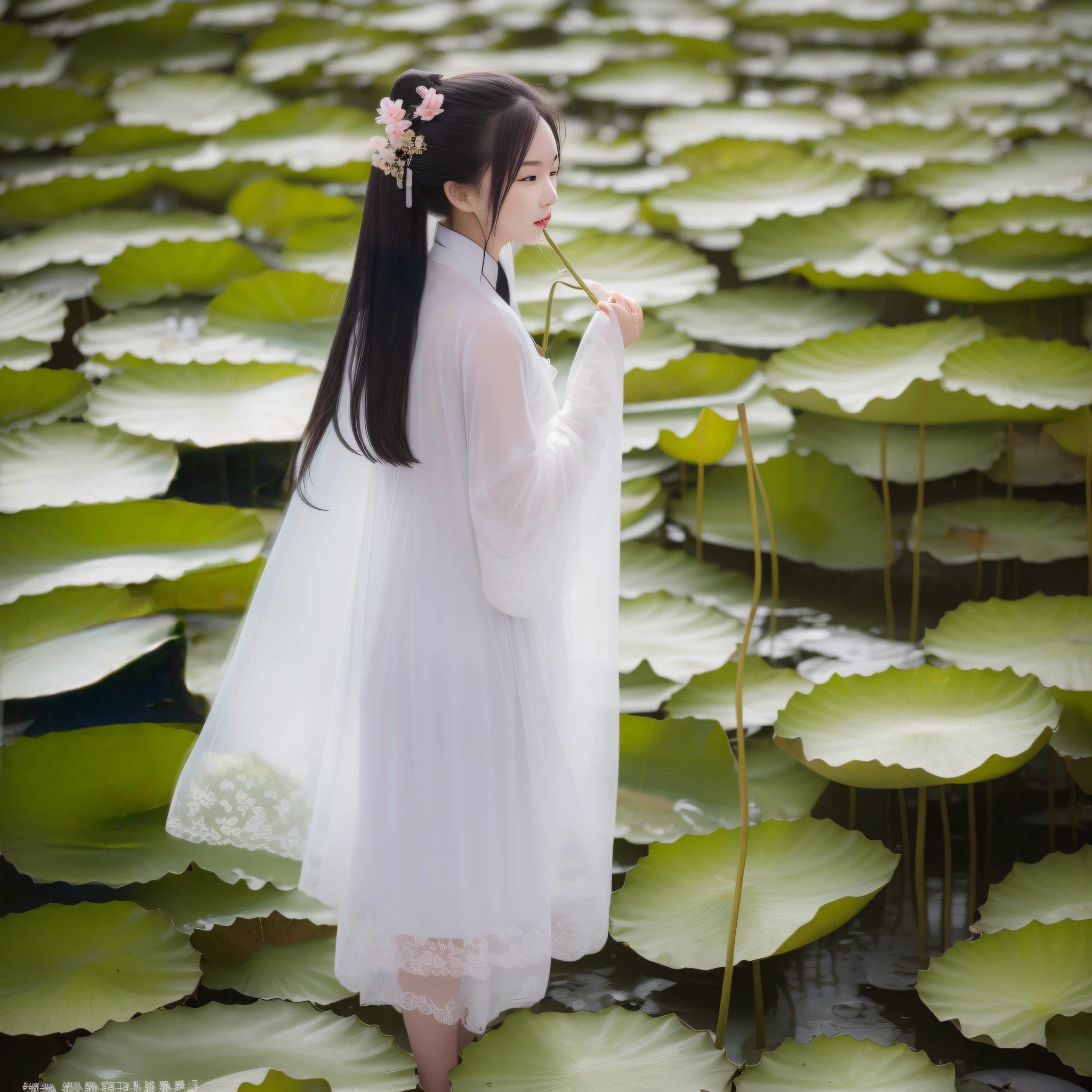 On a rainy day,Hanfu woman standing on the shore picking lotus flowers,Next to her, Another woman held an umbrella for her。