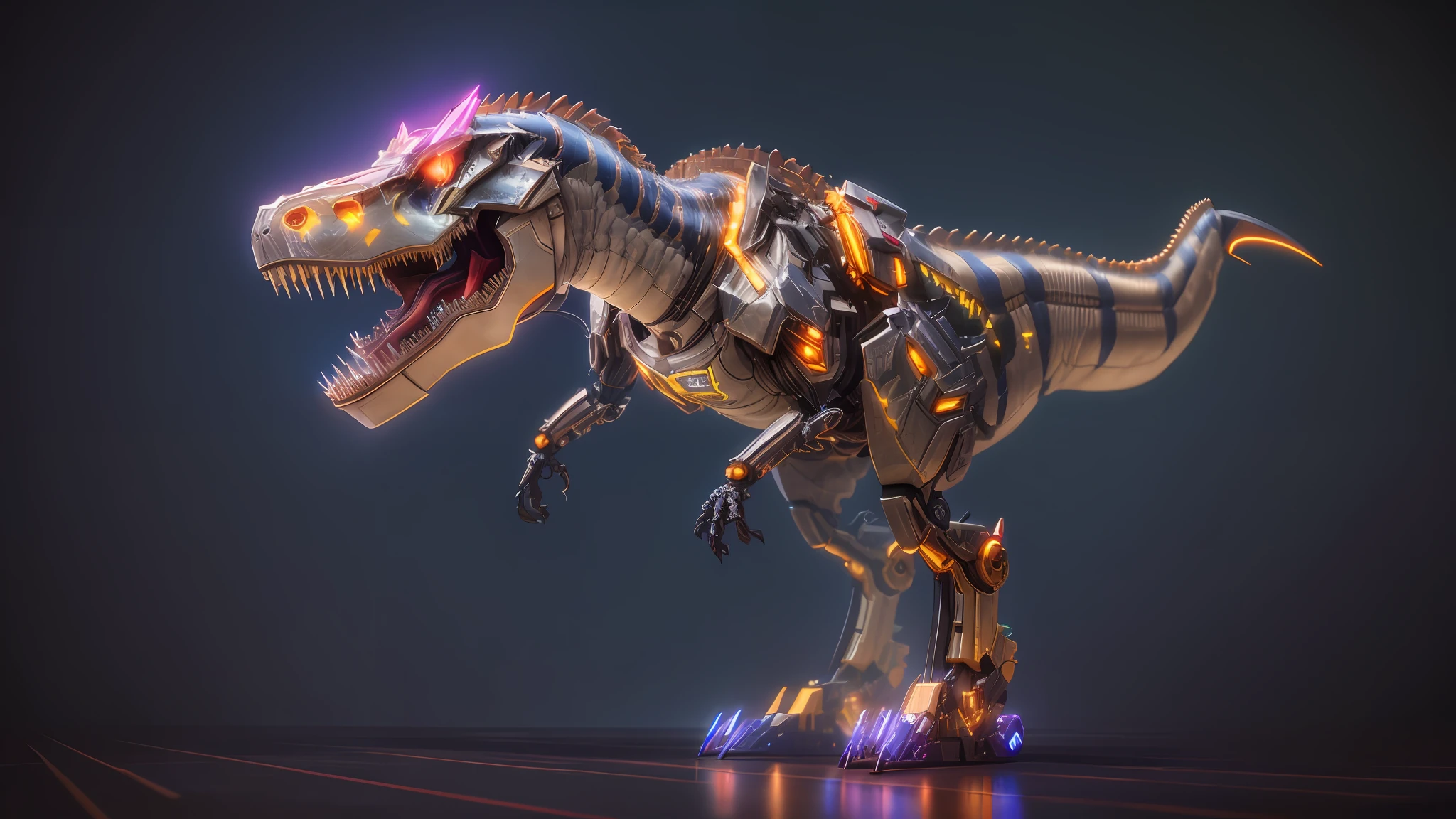 personification，transparent Mechanical Tyrannosaurus Rex，Cyberpunk, dreamy glow, luminous neon lights,  ( Global illumination, Ray traching, hdr, unreal render,reasonable design, high detal, Masterpiece, Best quality, hyper HD, Cinematic lighting),meccog, mecha musume