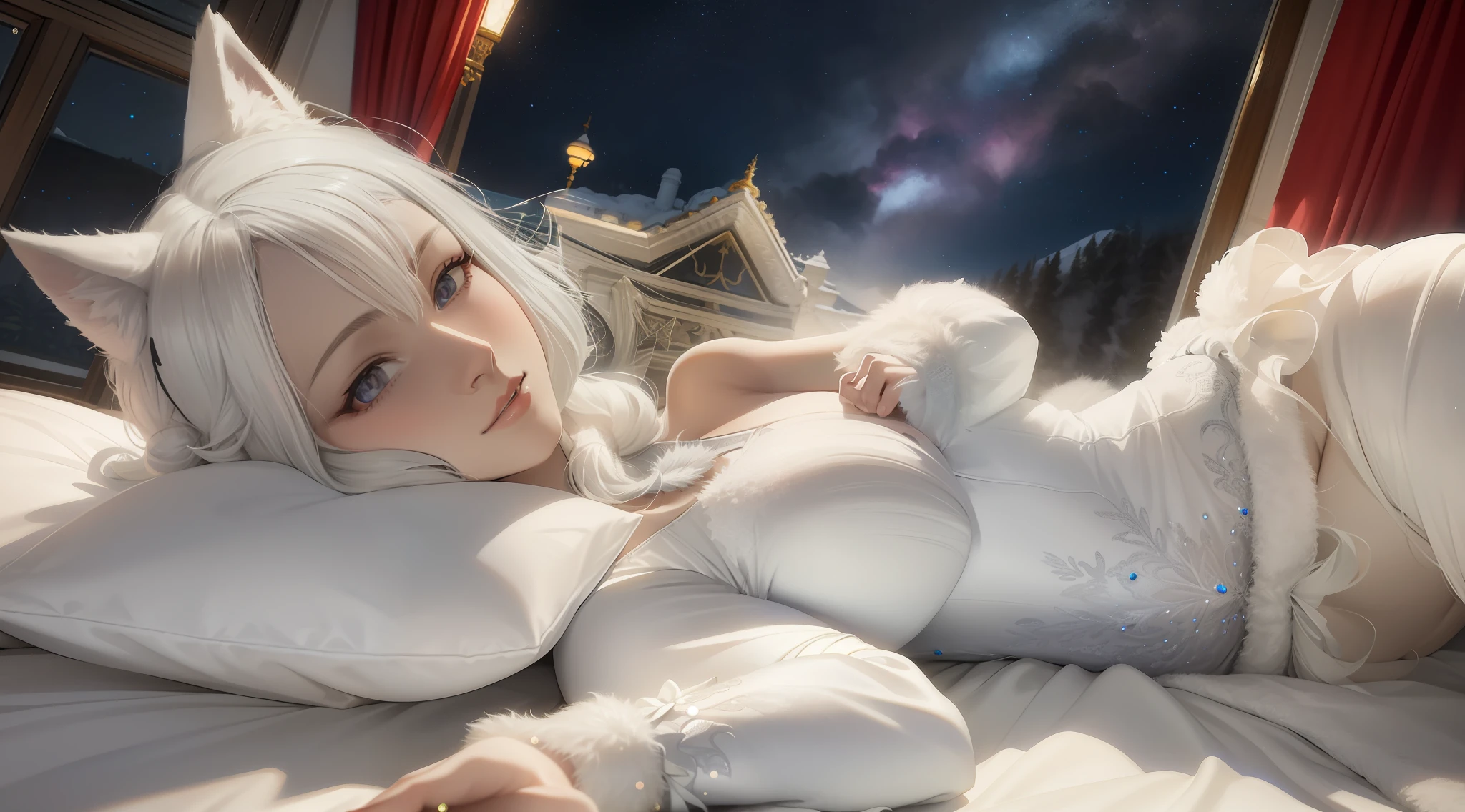 there is a woman that is laying down on a bed,Wear cat clothing, trending on cgstation, Winter queen, Tifa Lockhart with white hair, Guviz-style artwork, anime barbie in white, 8K Artgerm bokeh, Photorealistic anime, glamourous cosplay, winter princess, fantasy photoshoot, beautiful and seductive anime woman, goddess of winter,Place your left hand on your hip
