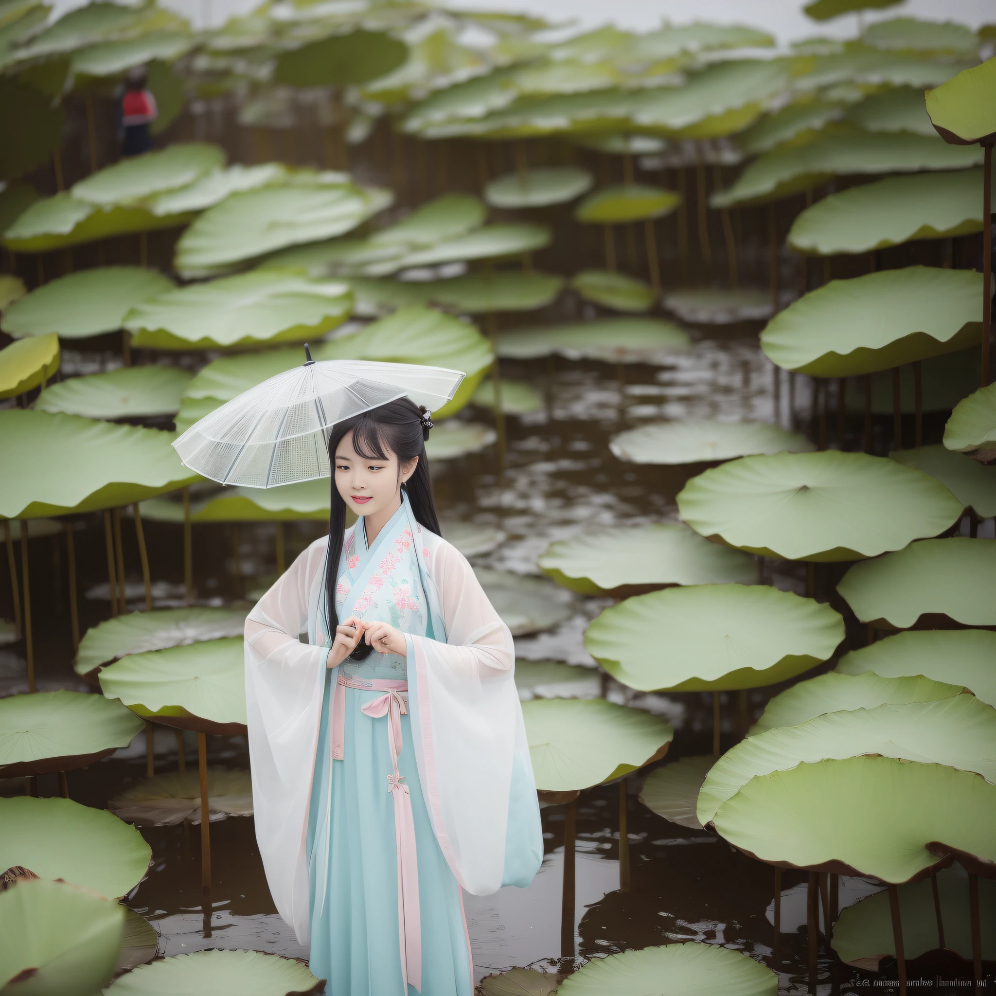 On a rainy day，Hanfu woman standing in the middle of the building picking lotus flowers，