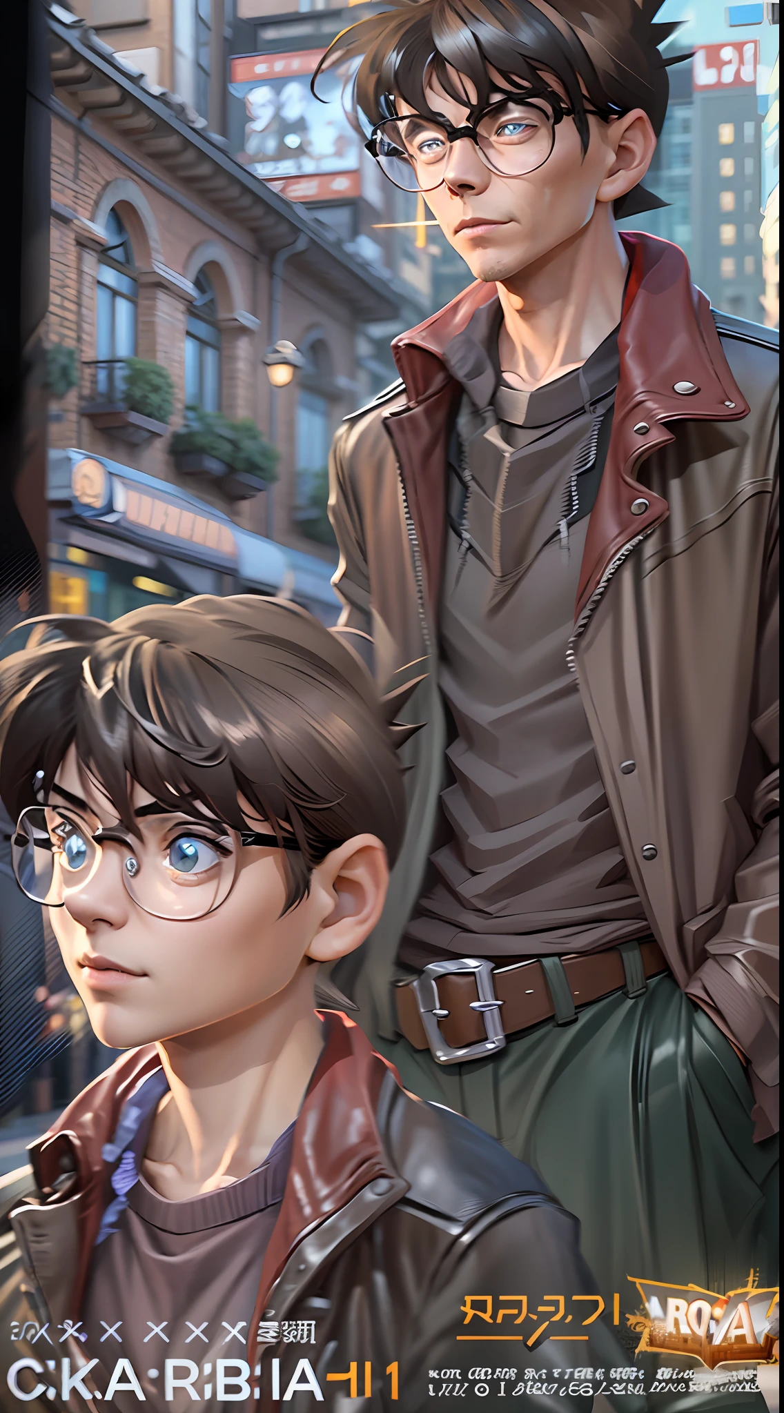 Conan edogawa, (detective conan \(style\), meitantei conan), Realistic, Photorealistic, (masterpiece:1,5), (1man), urban backdrop, concept art, intricate detail, high detail, photo realistic, octane render, 8k, dynamic poses, top quality, (realistic face : 1.1), (hyperrealistic:1.1), ((full_body 1:1)), (very detailed background), not out of frame, Very detailed