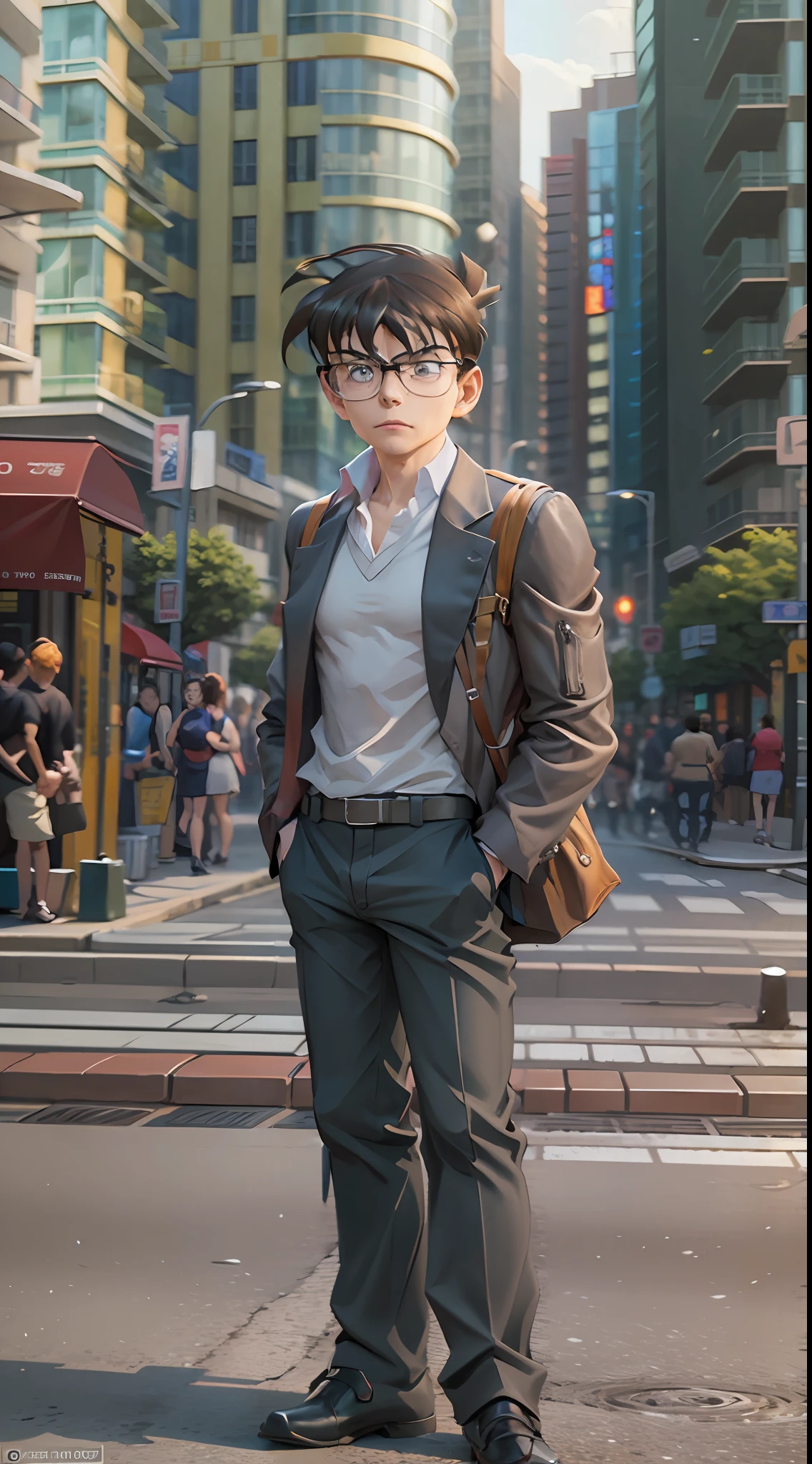 Conan edogawa, (detective conan \(style\), meitantei conan), Realistic, Photorealistic, (masterpiece:1,5), (1man), urban backdrop, concept art, intricate detail, high detail, photo realistic, octane render, 8k, dynamic poses, top quality, (realistic face : 1.1), (hyperrealistic:1.1), ((full_body 1:1)), (very detailed background), not out of frame, Very detailed