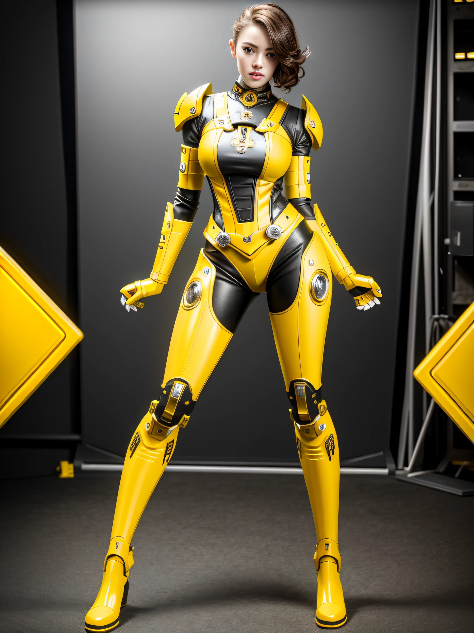 robot, a beautiful steampunk female android, wearing big yellow rubber boots, space command room, High quality, trending art, Trending on Artstation, Sharp focus, Studio photo, Intricate details, Highly detailed, UHD, HDR, 8k, ((masterpiece))