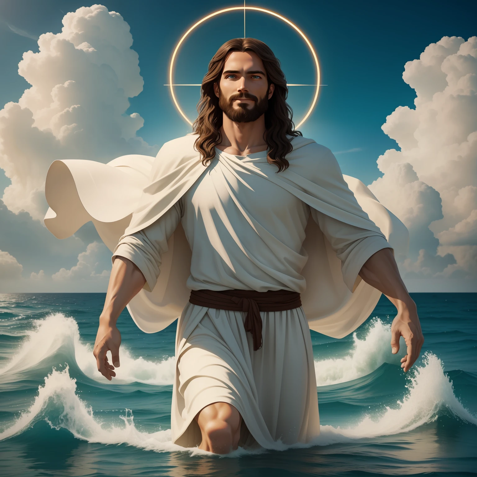 Jesus walking on water with a flying cloud in the background, Jesus walking on water, biblical illustration, epic biblical representation, forcing him to flee, coming out of the ocean, ! holding in hand!, disembarking, god of the ocean, beautiful representation, 8k 3D Model, realistic,
a 3D Realistic of jesus with a halo in the sky, jesus christ, smiling in heaven, portrait of jesus christ, jesus face, 35 young almighty god, portrait of a heavenly god, greg olsen, gigachad jesus, jesus of nazareth, jesus, the face of god, god looking at me, he is greeting you warmly, he is happy, avatar image