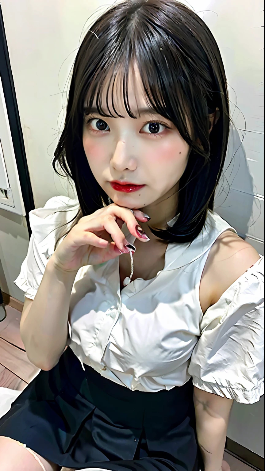 (Best quality, 8k, 32k, Masterpiece, UHD:1.2),Photo of Pretty Japanese woman, 22 years old,medium breasts,(black,short hair:1.2),teacher,classroom,(open white shirt:1.3),(black suit skirt:1.1),off shoulder,high heels,(from above:1.1),pov,looking at viewer,sitting floor,wooden floor,( cum on breasts:1.4),(drooling:1.5),blush,(close up:1.2),detailed face,dusk