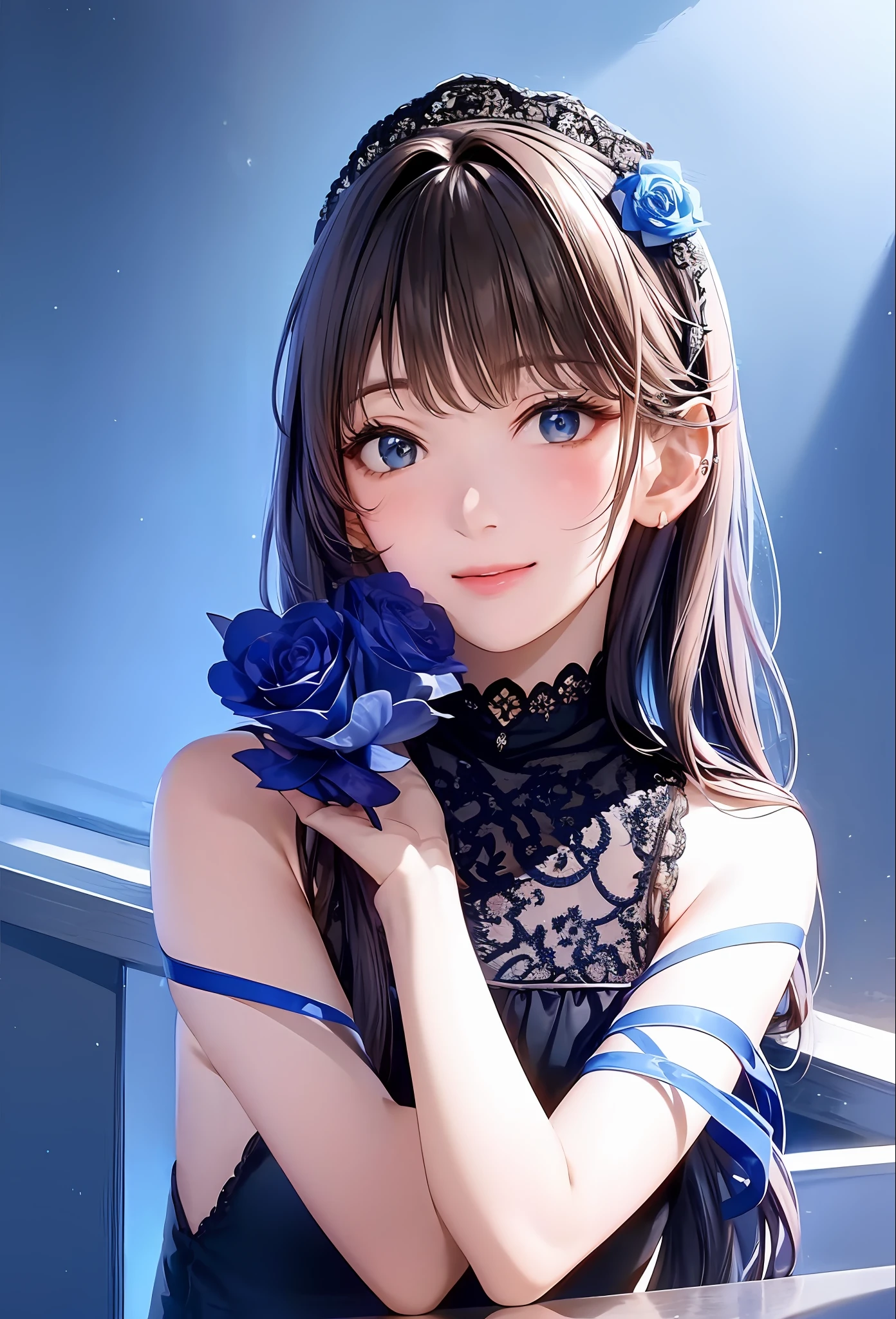 (8k, top quality, masterpiece: 1.2), (realistic, photorealistic: 1.37), super detailed, girl alone, cute, solo, midnight, beautiful detailed sky, detailed café, sitting, dating, (blush), (smile: 1.15), small breasts (mouth closed), beautiful fine eyes, floating hair NovaFrogStyle, back open dress, blue rose accessories, Blue rose background