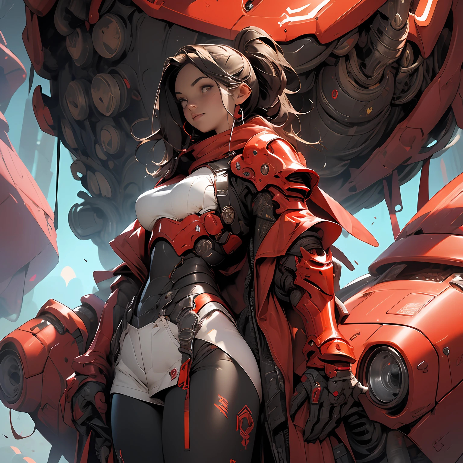 (masterpiece), (best quality), (1girl), solo, perfect body, bodysuit, exoskeleton, red armor, mechanical armor, big breast, (red glowing eyes)