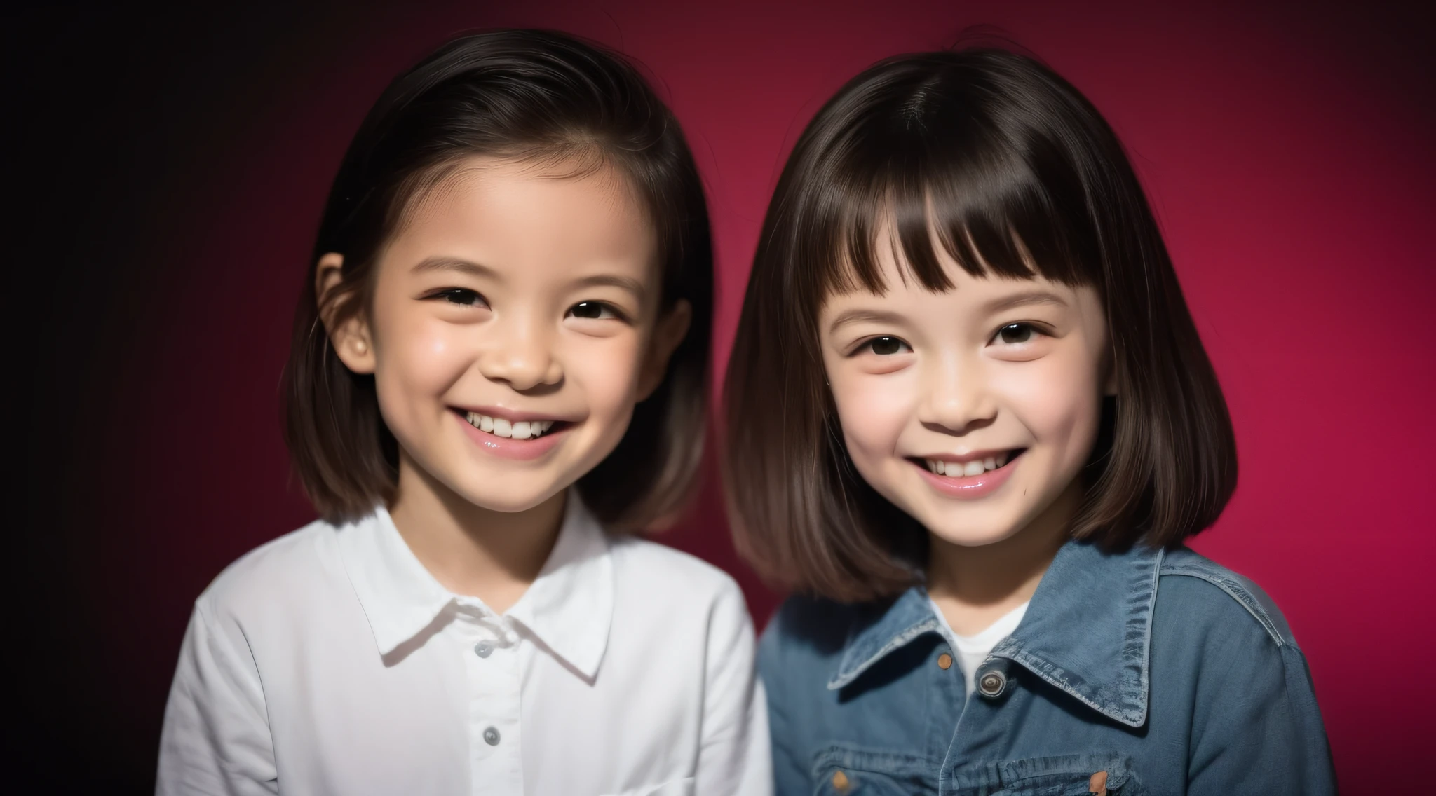 Estilo moderno, fundo branco, children's identification photo, bonito, menina sorridente, olhos escuros, cabelo curto, gravata borboleta, claro, de alta qualidade, soft RED lights in children's hair.