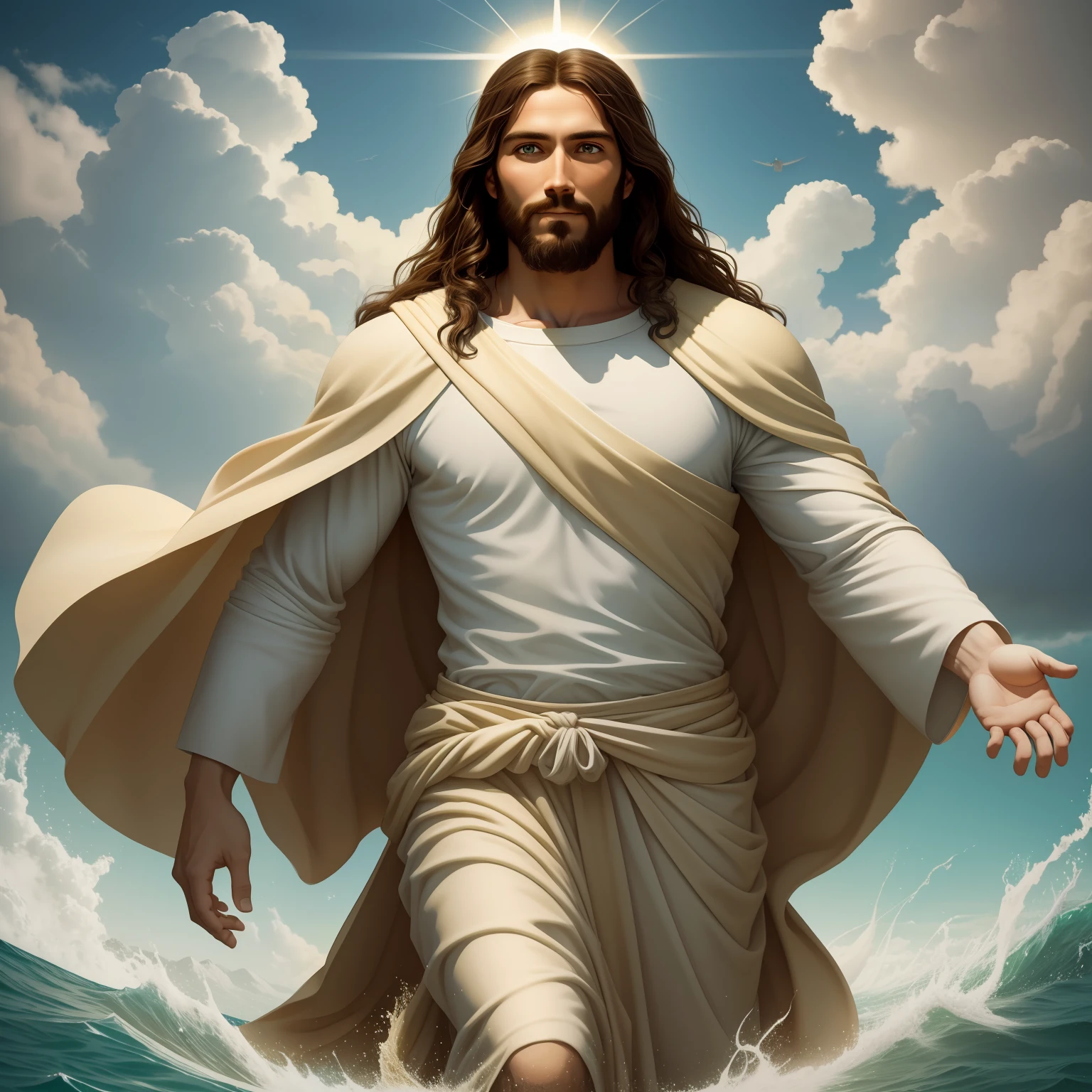 Jesus walking on water with a flying cloud in the background, Jesus walking on water, biblical illustration, epic biblical representation, forcing him to flee, coming out of the ocean, ! holding in hand!, disembarking, god of the ocean, beautiful representation, 8k 3D Model, realistic,
a 3D Realistic of jesus with a halo in the sky, jesus christ, smiling in heaven, portrait of jesus christ, jesus face, 35 young almighty god, portrait of a heavenly god, greg olsen, gigachad jesus, jesus of nazareth, jesus, the face of god, god looking at me, he is greeting you warmly, he is happy, avatar image