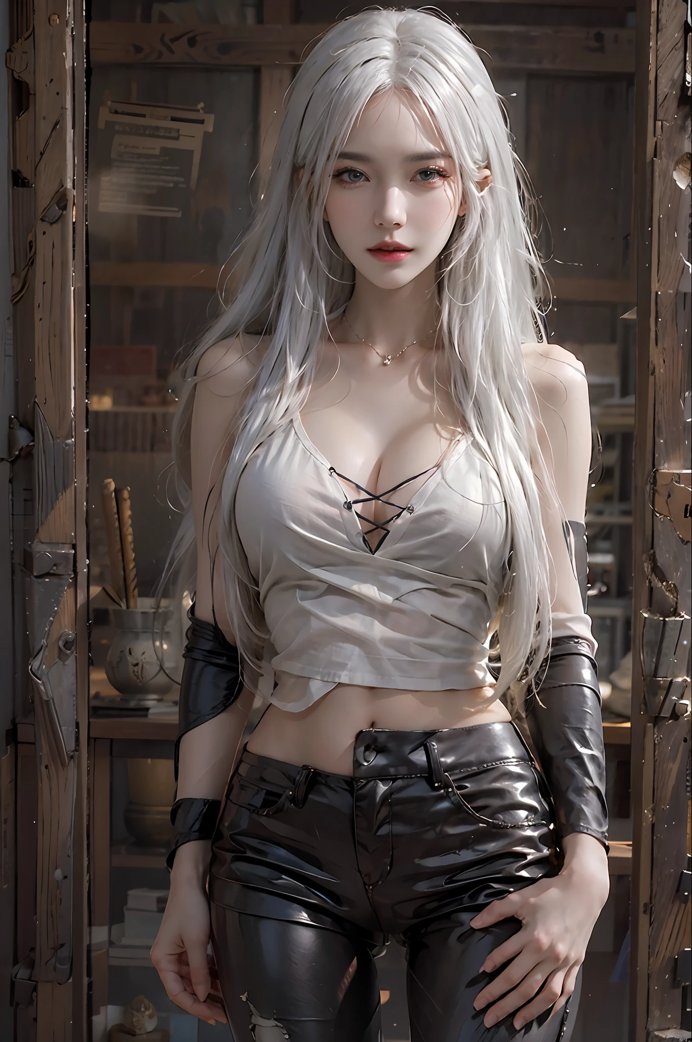 photorealistic, high resolution, 1women, solo, hips up, look at viewer, (detailed face), white hair, long hair, medium breasts, one tattoo on crotch