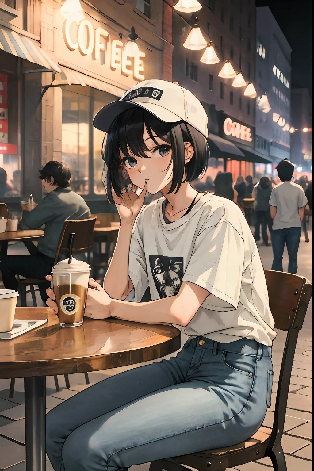 Music Video Style, Farbe, 1girl in, White cap, tshirts, jeans, a cool, black hair short cut,bangss, bblurry, Cafe at night,Multiple people on the background, Put the coffee to your mouth, sitting on table, ​masterpiece, Large crowds, looking at the viewers,