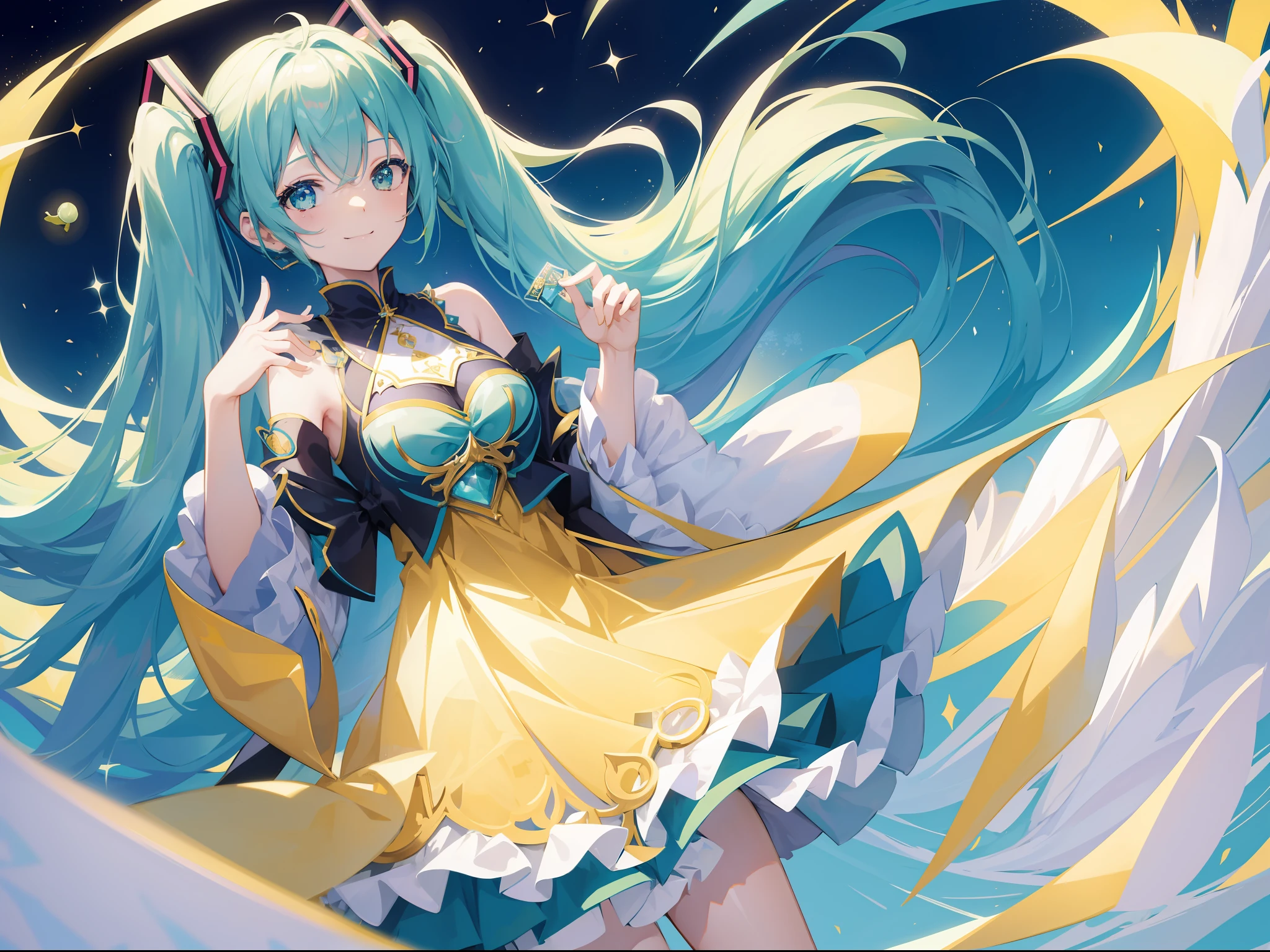 miku hatsune、miscievous smile、High quality and good quality、Tarot card-like background design、yellowishwhitebluepeachpurpleyellowgreenpeacockcolor