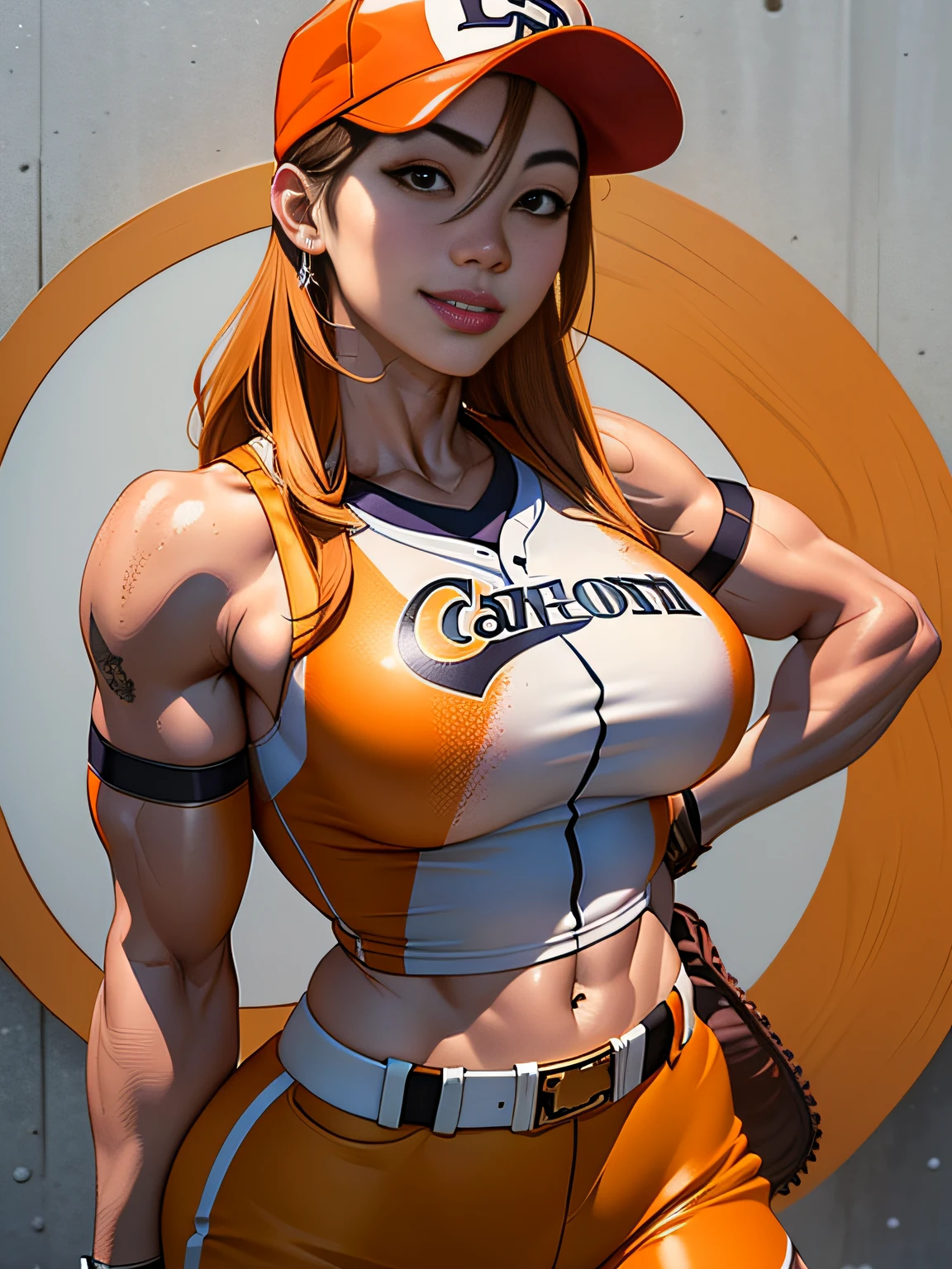 Glossy orange baseball uniform、1 Arafe female baseball players、Glossy shorts、spikes、Big breasts about to burst、slurry and long legs,,,、Fitness Model、musculature、abdominals、Arm muscles、Height 175cm、Sun visor、skin tanned、glistning skin、Cool smile、full-body view、publicity cosplay、full-cosplay、taken with canon 5d mk4、cosplay foto