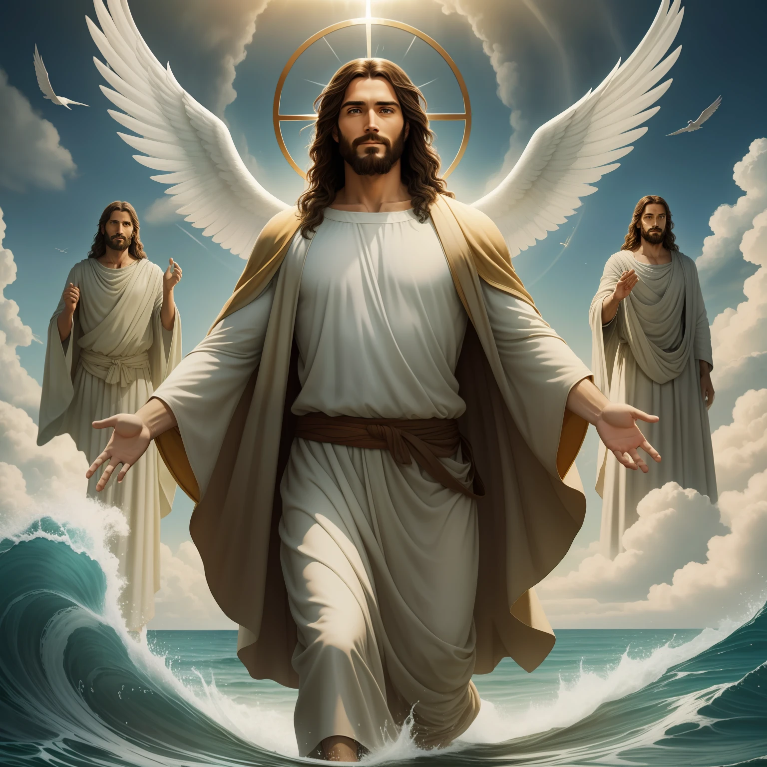 Jesus walking on water with a flying cloud in the background, Jesus walking on water, biblical illustration, epic biblical representation, forcing him to flee, coming out of the ocean, ! holding in hand!, disembarking, god of the ocean, beautiful representation, 8k 3D Model, realistic,
a 3D Realistic of jesus with a halo in the sky, jesus christ, smiling in heaven, portrait of jesus christ, jesus face, 35 young almighty god, portrait of a heavenly god, greg olsen, gigachad jesus, jesus of nazareth, jesus, the face of god, god looking at me, he is greeting you warmly, he is happy, avatar image