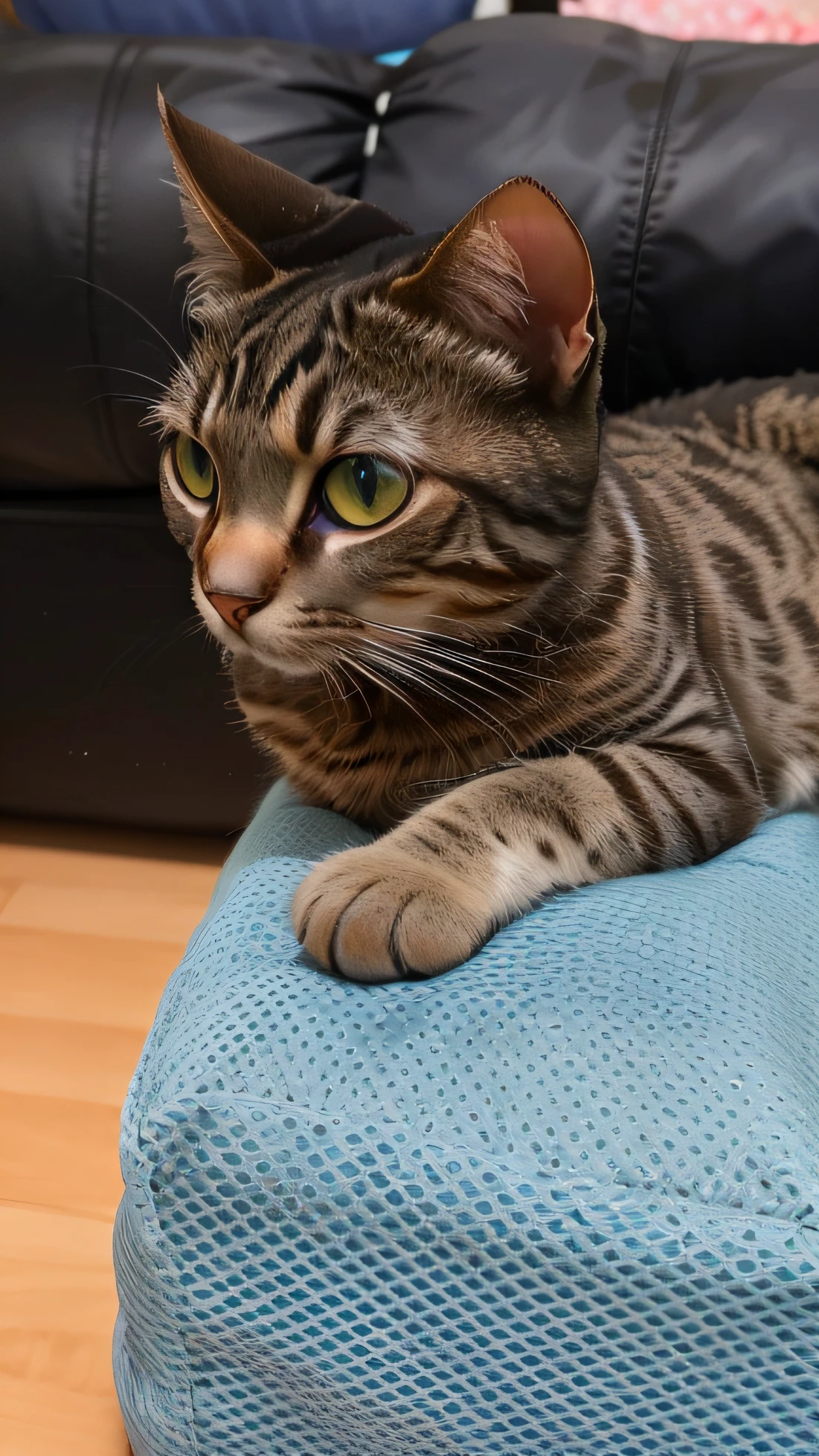 there is a cat that is laying on a blue ottoman, looking away from camera, photo of a cat, looking away from the camera, cute furry needs your help, taken with sony alpha 9, with cute doting eyes, sitting on a bed, serious focussed look, glaring at the camera, sitting on the sofa, resting on a pillow