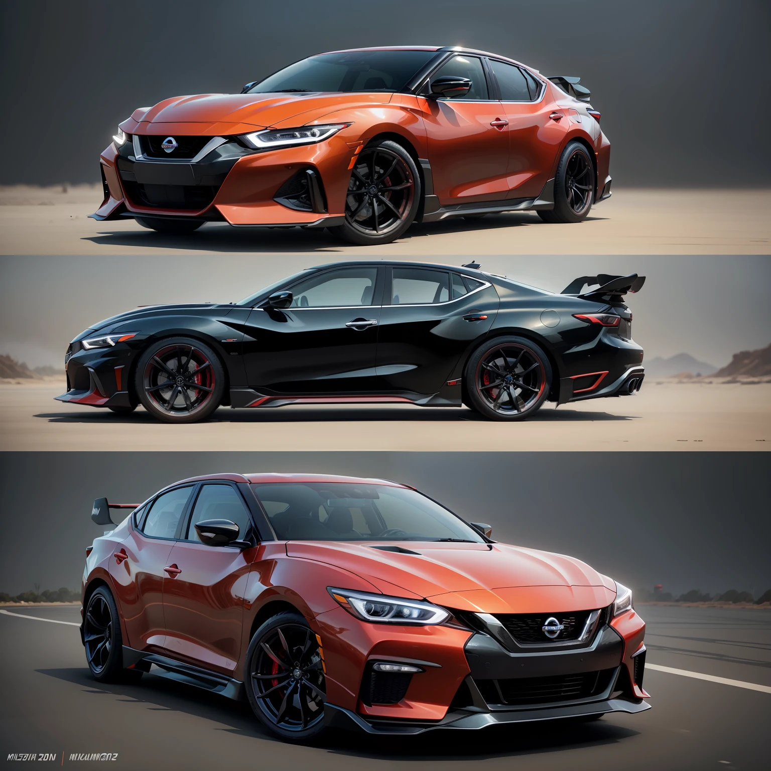 Nissan Maxima 2022 model  as a ninja car, dramatic, in the style of Jamie Mckelvie and Ilya
Kuvshinov, Akihiko Yoshida, Greg Tocchini