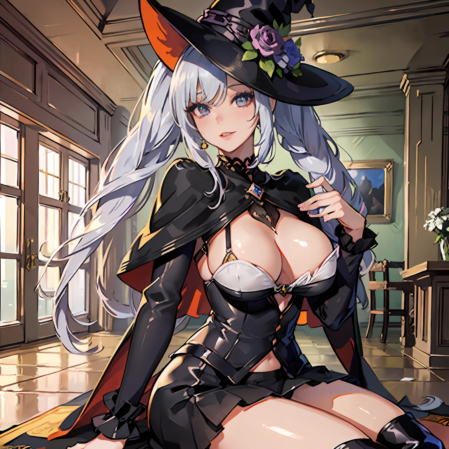 masterpiece, best quality, ultra-detailed, glistening shiny, glowing light, ray tracing, HDR, deph of field, (perfect face, detailed face, detailed eyes),(medium boobs:1.2),8k,HD,ultra realistic face,ray tracing,perfect lighting,best quality, ultra-detailed, shiny eyes, (looking at viewer,smile:1.1), ((1girl)), (gyaru, mature female:1.4),cowboy shot,thighs, roxy,long hair,((gradient hair)), gradient eyes, (glowing eyes:1.5), mascara, (fashion make up), parted lips,blush,skirt, long sleeves, hat,holding,twintails, very long hair,braid, boots, black skirt,cape, twin braids, black headwear, witch hat, white footwear, knee boots, crossed bangs,brown cape, brown capelet, ((guild lobby, round tables, counter, quest table, wooden pillars, large windows)),(complex background, many elements in the background:1.2),((super detailed background)), dynamic poses, ((8k wallpaper)),