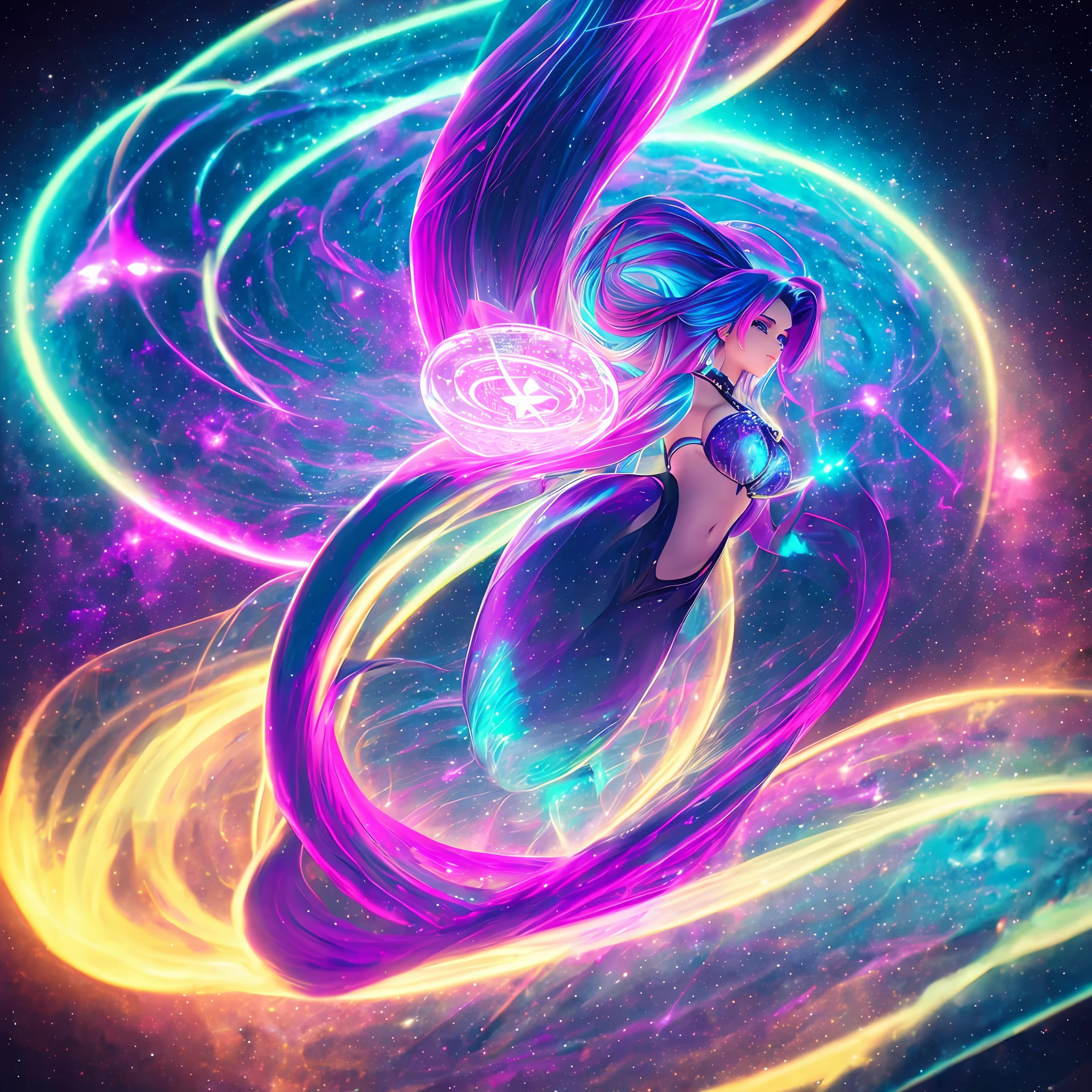 create beautiful mermaid in neon colours, purple hair, she is locked in neon see-through dodekaeder, levitating above cosmic ocean, looks like different dimension with spirals, cubes and holograms, intricate details, HDR, beautifully shot, hyperrealistic, sharp focus, 64 megapixels, perfect composition, high contrast, cinematic , grafitti on the wall, mysterious cosmic atmosphere, alchemy symbols --auto