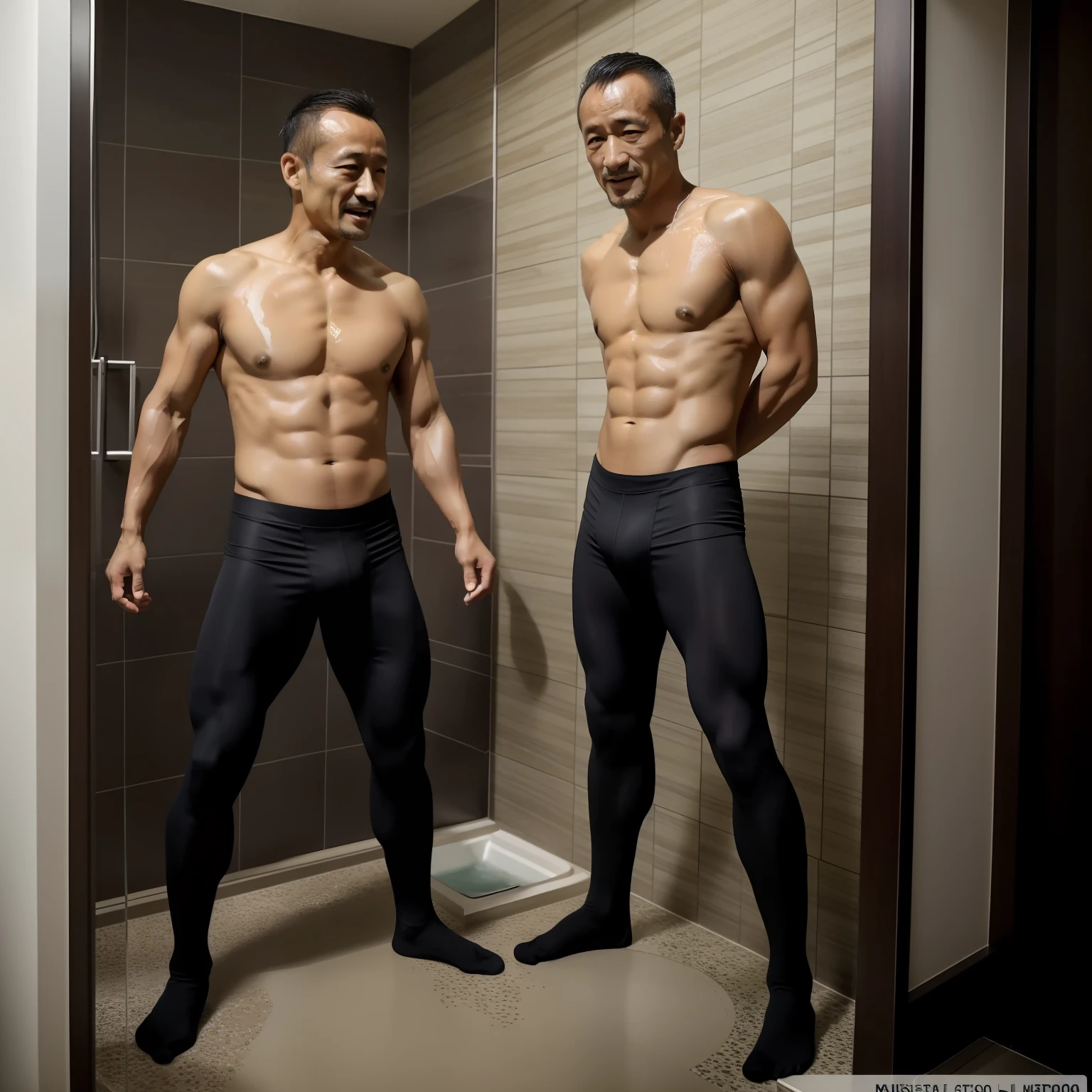 50yearsold,Hidetoshi Nakata,(Demo Mulroni 1.3),Shirtless,Tong,Bulge,office room,black long socks,Thin,musculature,lbeard,fortitude,artwork of a,tmasterpiece,k hd,big laughter,wearing a tights。taking a shower