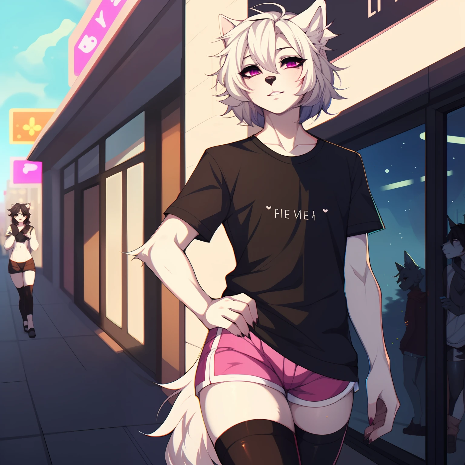 (By hyattlen, by fumiko, by claweddrip:1.3), Cute white anthro furry wolf boy, male, white fur, white fluffy body, black nose, (cute snout:1.1), white fluffy tail, short white hair, detailed magenta eyes, black eyeliner, wearing an oversized white t shirt, pink shorts, standing outside in a busy shopping center, winking, wearing thigh high leggings, toeless leggings, femboy, twink, highly detailed, masterpiece, very detailed eyes