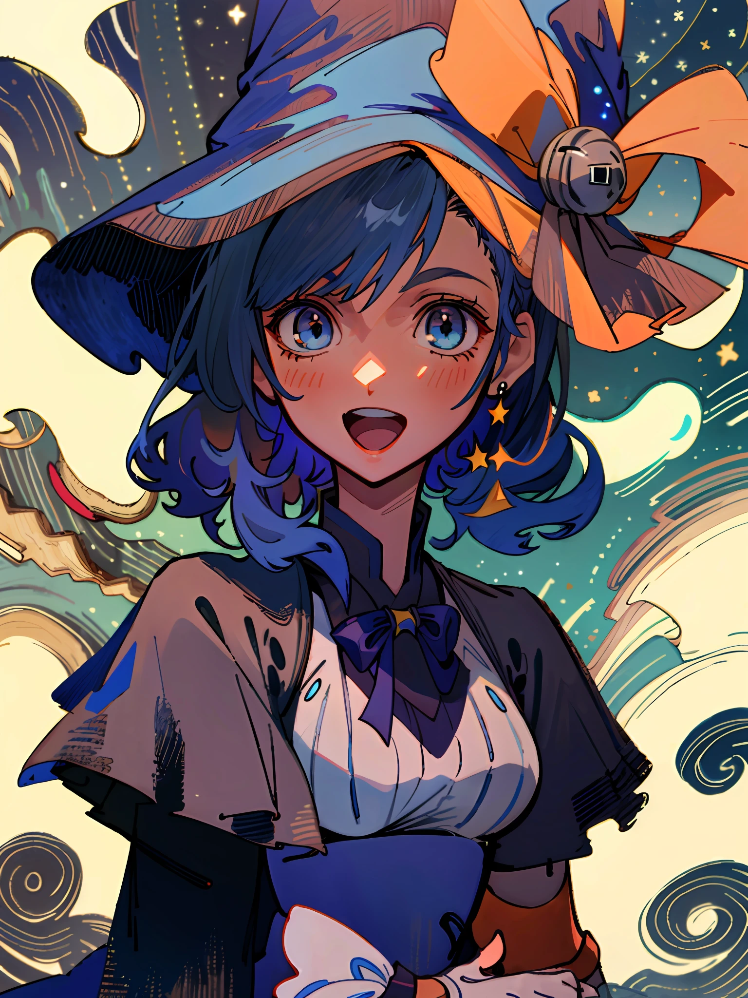 ((masterpiece:1.2, best quality)), 1girl, solo, (witch hat), a close up of a girl with curl hair, short hair, dress, aurora, night, star (sky), gloves, sky, dress, night sky, open mouth, starry sky, light blue eyes, ribbons, smile, cape, blue hair, magic, casting spell, night, (impressionism:1.4), alphonse mucha, Halloween colors, colorful candy