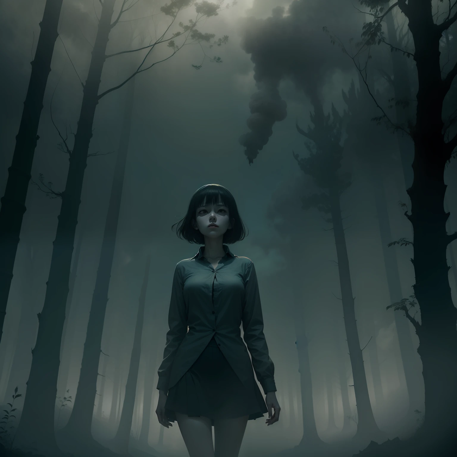 A beautiful girl, full body, horror, broken, twisted, sky, fog, smoke, dust, dark forest, shadow creature, Junji Ito, masterpiece, super high resolution, high quality, movie lighting,