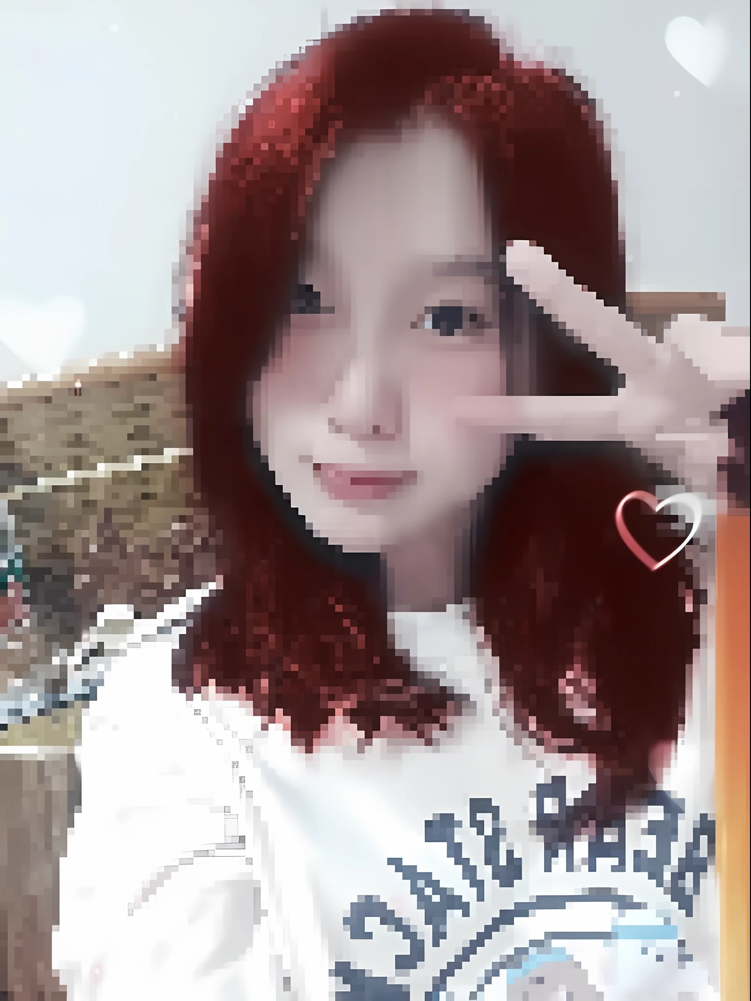 There was a red-haired woman doing a peace sign, With red hair, ulzzangs, red colour, she has red hair, sun yunjoo, coloured photo, with curly red hair, red colour, jaeyeon nam, Choi Hyun-hwa, grainy low quality, Red long-haired, she has long redorange hair, park jimin