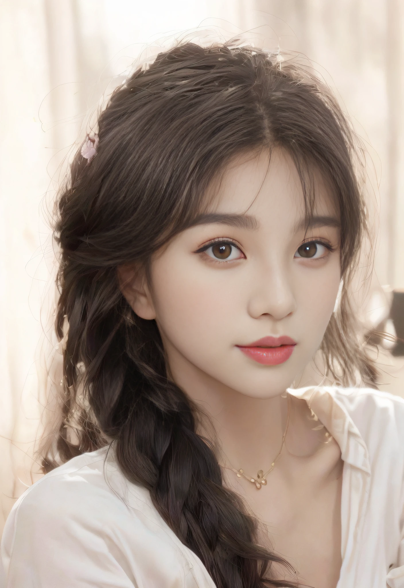 a close up of a woman with long hair and a white shirt, cute delicate face, young lovely Korean faces, girl cute-fine face, black color hair，pigtails，exquisite facial features，young cute wan asian face, Cai Xukun, Cute natural anime face, Beautiful young Korean woman, xintong chen, beautiful Korean women, with cute - fine - face, beautiful delicate face, Gorgeous young Korean woman