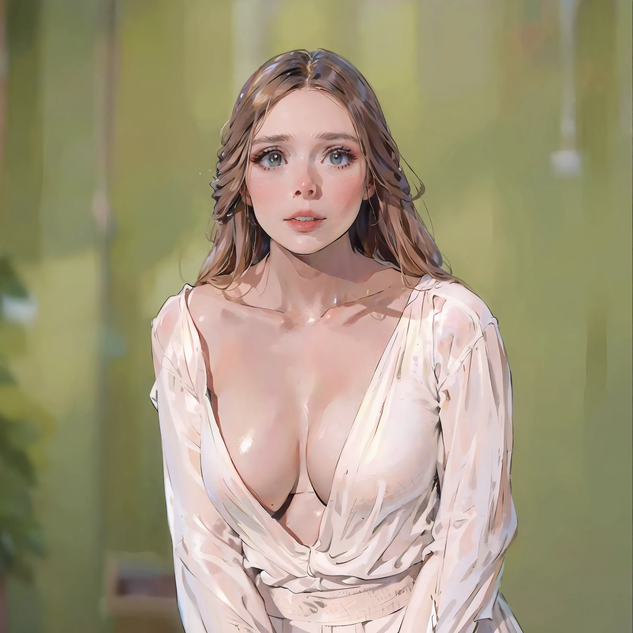 elizabeth Olsen sujetador blanco y bragas, Cintura diminuta, tetas grandes, Chinese ink