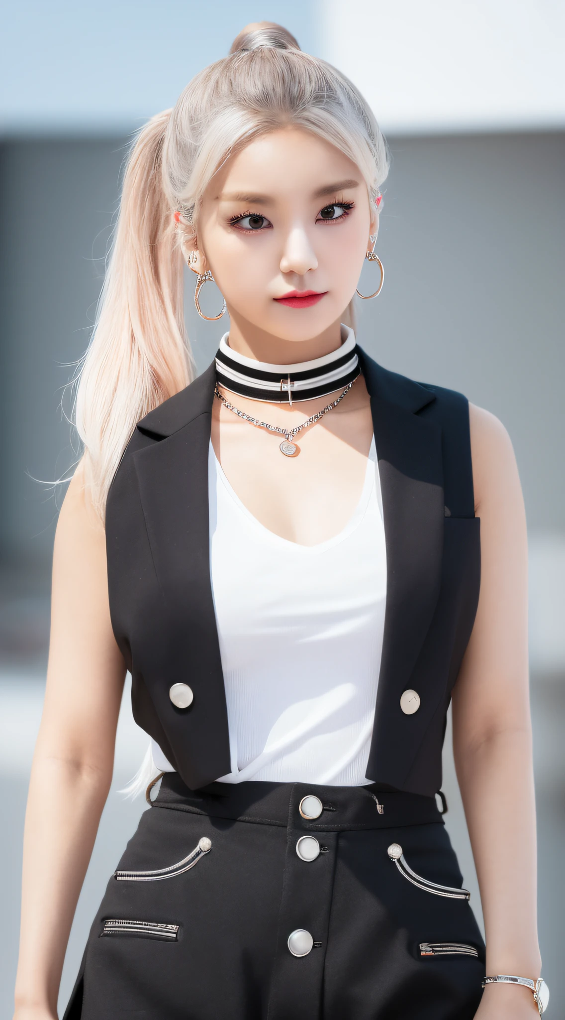 best quality, ultra high res, 1girl, sleeveless white button shirt, black skirt, black choker, cute, (Kpop idol), (aegyo sal:1), (platinum blonde hair:1), ((puffy eyes)), looking at viewer, full body, facing front