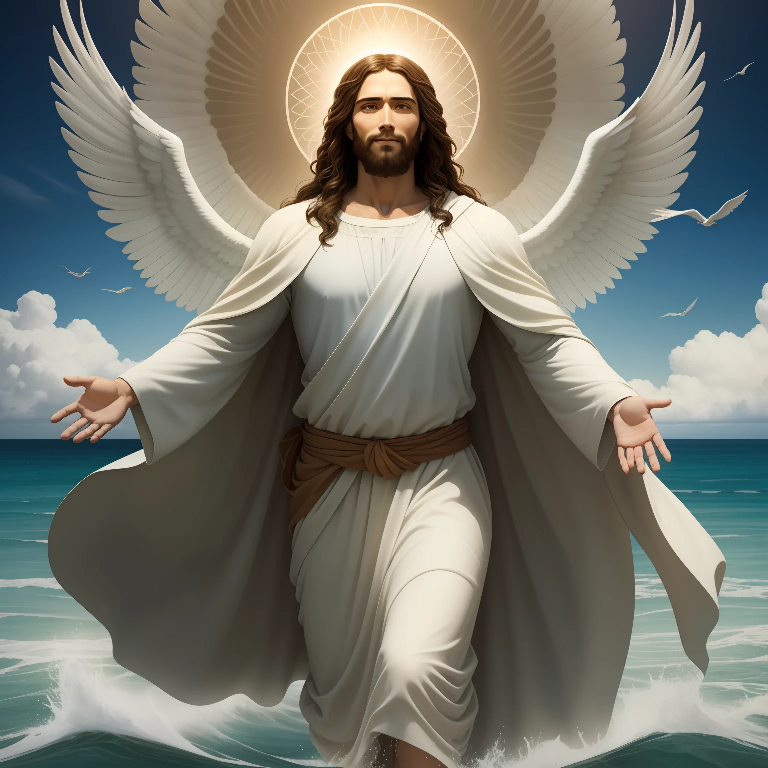 Jesus walking on water with a flying cloud in the background, Jesus walking on water, biblical illustration, epic biblical representation, forcing him to flee, coming out of the ocean, ! holding in hand!, disembarking, god of the ocean, beautiful representation, 8k 3D Model, realistic,
a 3D Realistic of jesus with a halo in the sky, jesus christ, smiling in heaven, portrait of jesus christ, jesus face, 35 young almighty god, portrait of a heavenly god, greg olsen, gigachad jesus, jesus of nazareth, jesus, the face of god, god looking at me, he is greeting you warmly, he is happy, avatar image