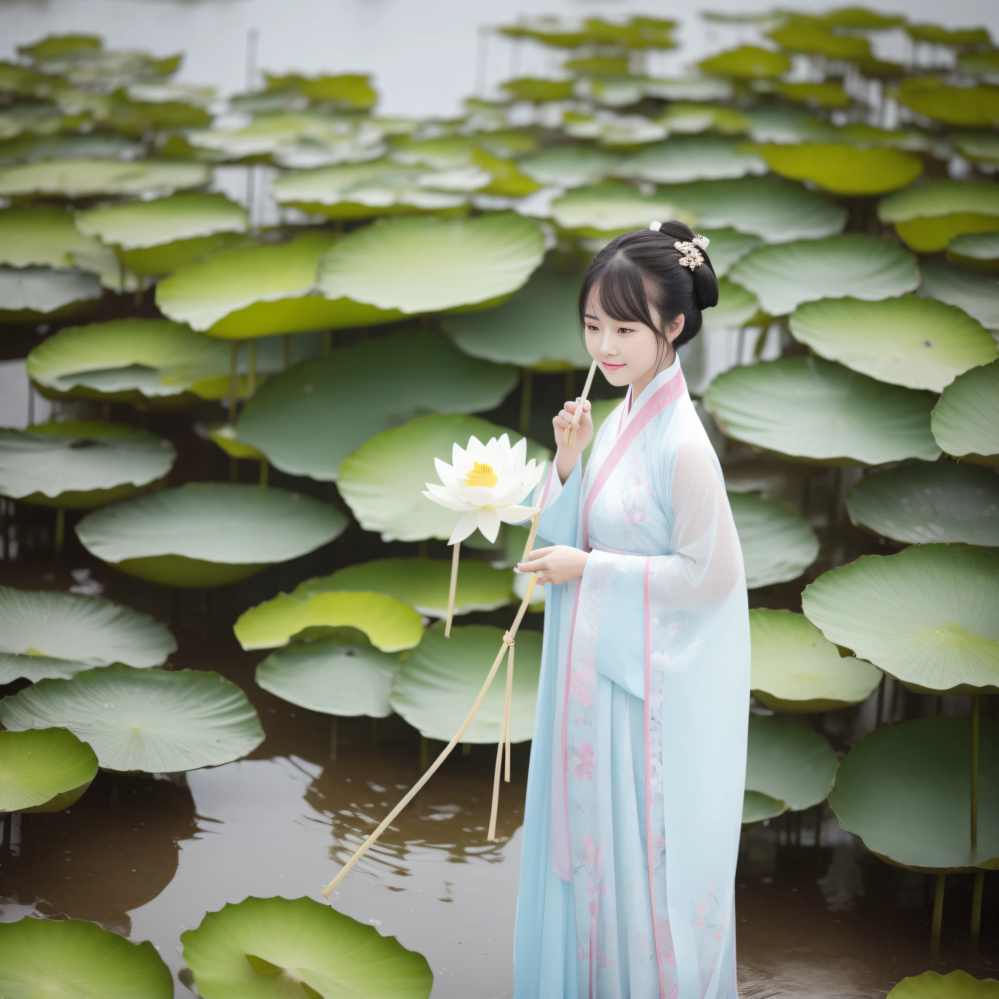 On a rainy day，Hanfu woman standing on the shore picking lotus flowers，Next to her, Another woman held an umbrella for her。