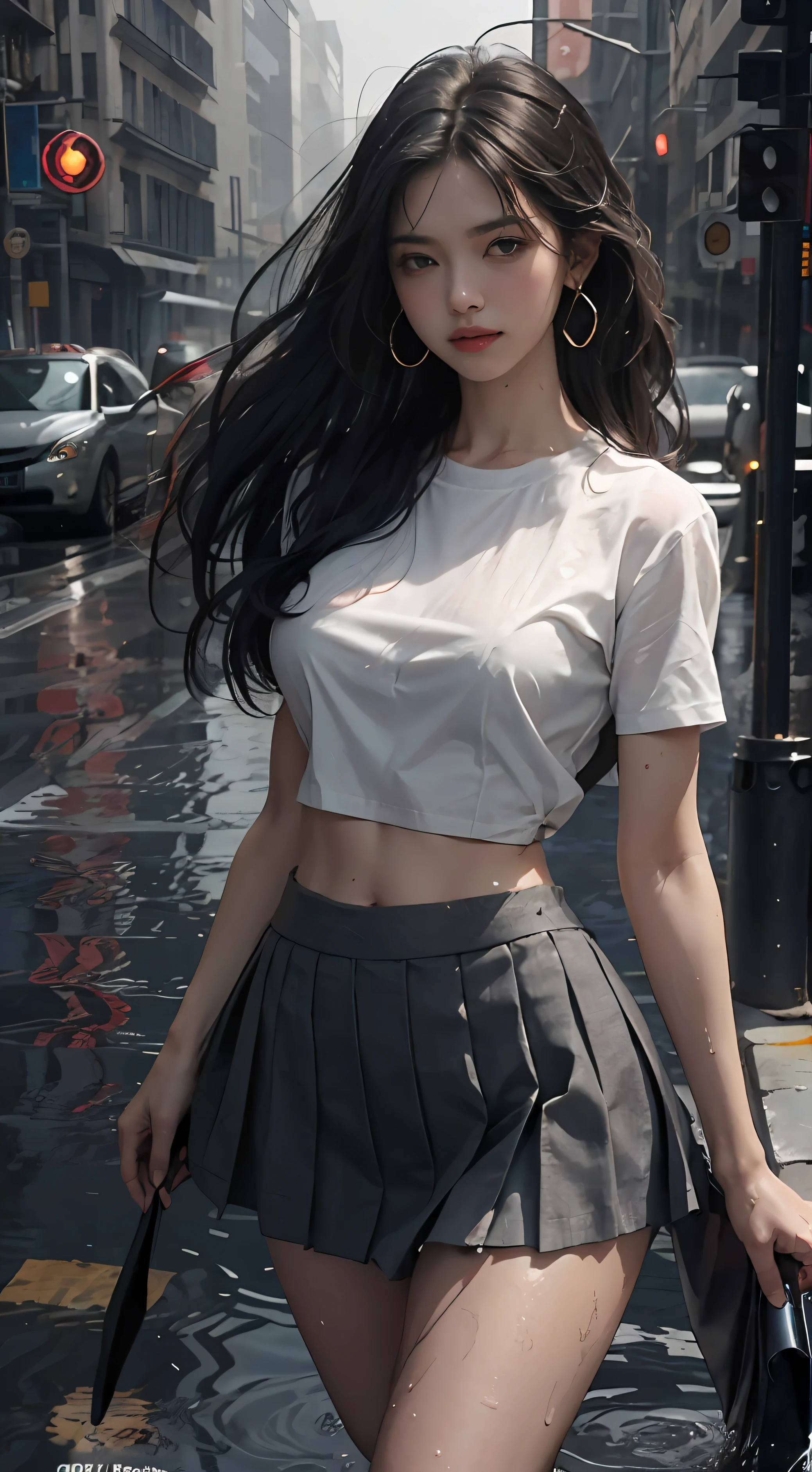 navel, Cleavage, (big chest: 1.2) features, There is water on the body, Clothes are soaked, ((super short skirt, tight body, public hair is large, nipples)), white shirt, tight body, super thin shirt, (super short shirt, heavy rain), wet clothes, long hair, black hair, wavy hair, double eyelids, earings, no bra, no panties, no underwears, curve body, sexy body, perfect body, nice breats,