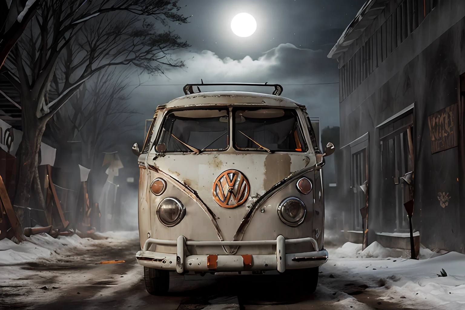 analog gloomy photo of an (orange) volkswagen kombi,  ((haunted house:1.0)), (walking dead:1.0), zombie apocalypse, (abandoned town at (midnight)), (full moon), (winter), (snow), ((horror movie)), ((nighttime)), lost in the wood, ruins, dilapidated buildings, High Detail, Sharp focus, (photorealism), realistic, best quality, 8k, award winning, dramatic lighting, epic, cinematic, masterpiece, rim light, ambient fog:1.5, dutch angle,