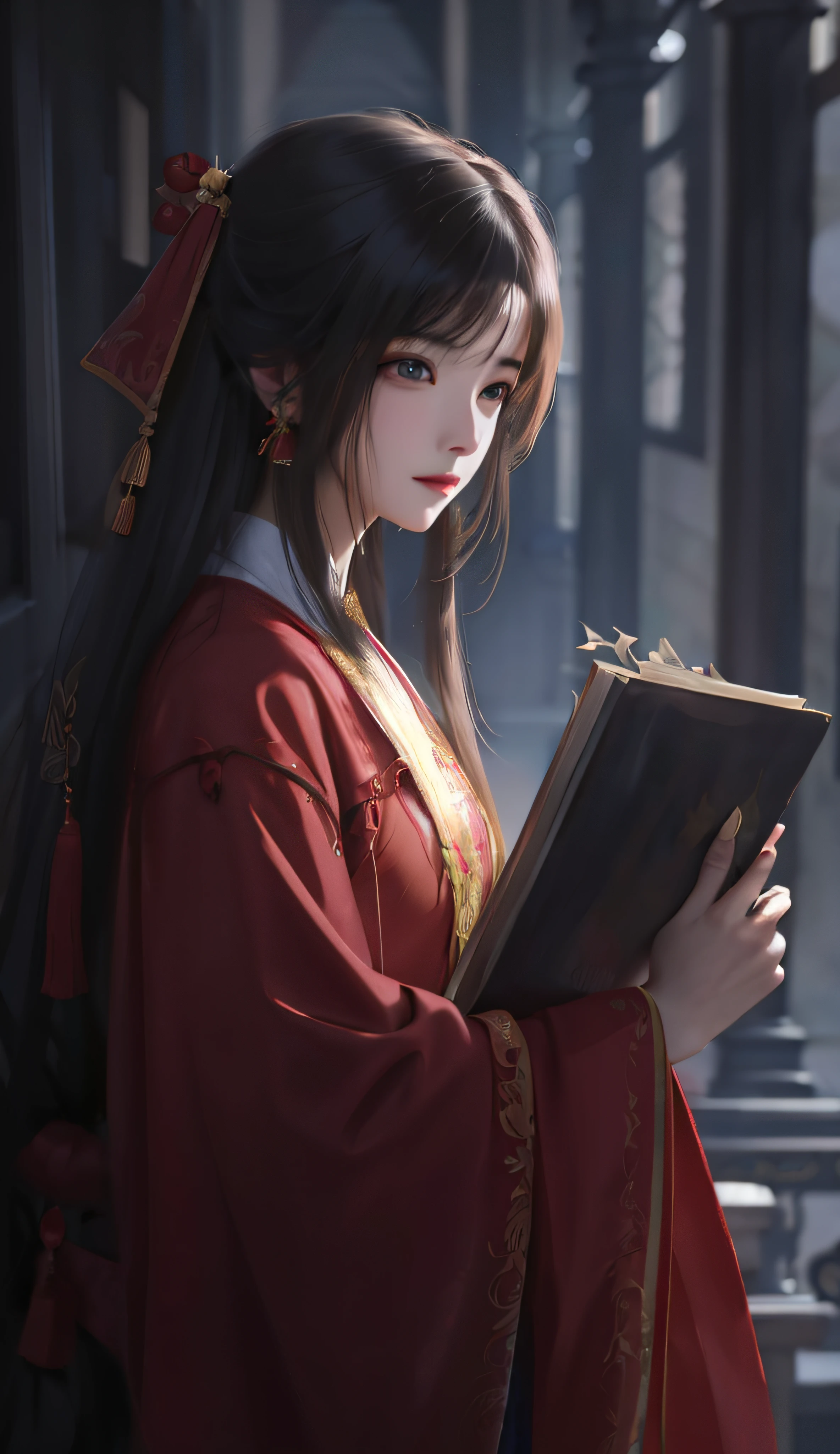 A woman in a red robe holds a book in the hallway, Palace ， A girl in Hanfu, Beautiful character painting, flowing hair and long robes, Guviz-style artwork, Guviz, by Yang J, author：Li Fangying, wearing gilded red robes, a beautiful anime portrait, 8K high quality detailed art