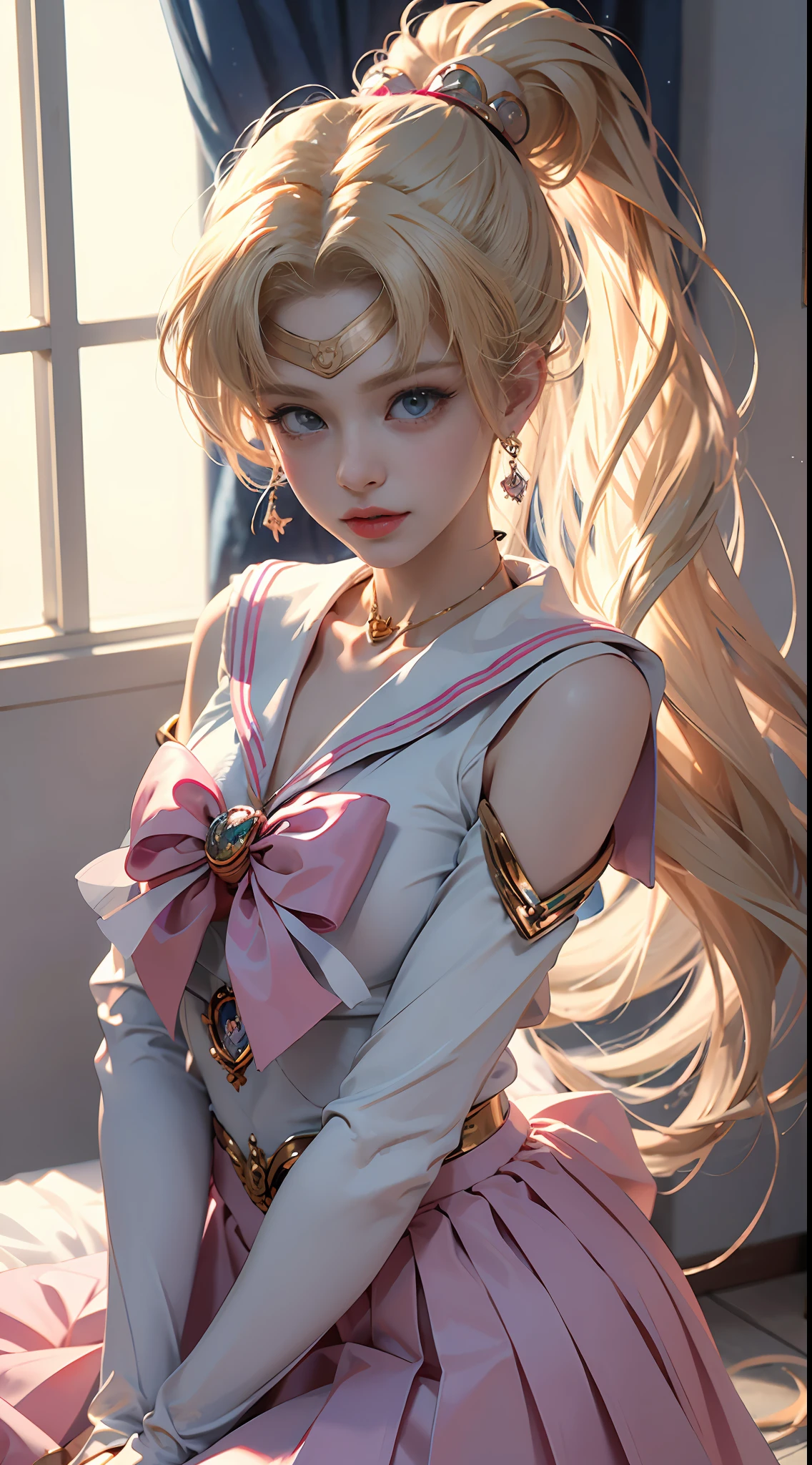 ((Masterpiece)), (Best Quality), (Ultra Detailed), ((Very Detailed)), 4K, (8K), Sailor Moon, Long Blonde Hair, Double Ponytail, Sailor Moon Aesthetics, Dream Core,