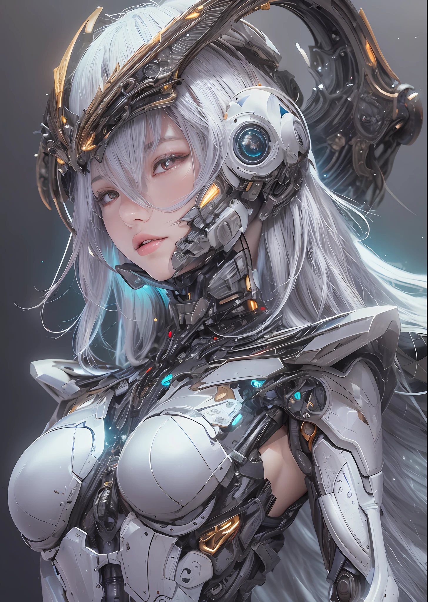 top-quality、​masterpiece、超A high resolution、(Photorealsitic:1.4)、Raw photo、Battle Cyborg Angel、large wings made of metal、White porcelain body、Acrylic Clear Cover、white  hair、glowy skin、1 Cyborg Girl、((super realistic details))、portlate、globalillumination、Shadow、octan render、8K、ultrasharp、character edge light,Colossal tits、Raw skin is exposed in cleavage、Details of complex ornaments、Egyptian Detail、Hydraulic cylinder、Small LED lamp、highly intricate detail、Realistic light、a purple eye、radiant eyes、Facing the camera、neon details、cowboy  shot、Futuristic headgear、About Cyberpunk、、