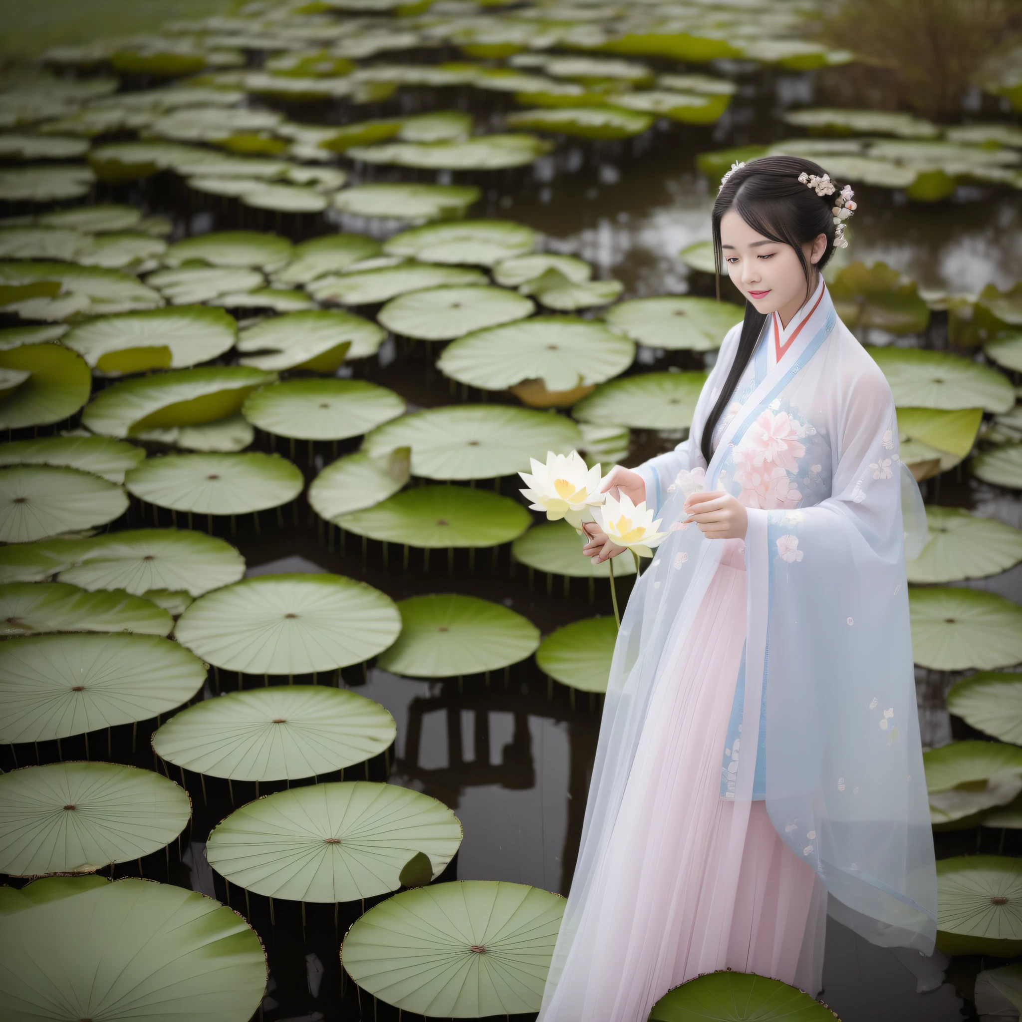 On a rainy day，Hanfu woman standing in the middle of the building picking lotus flowers，