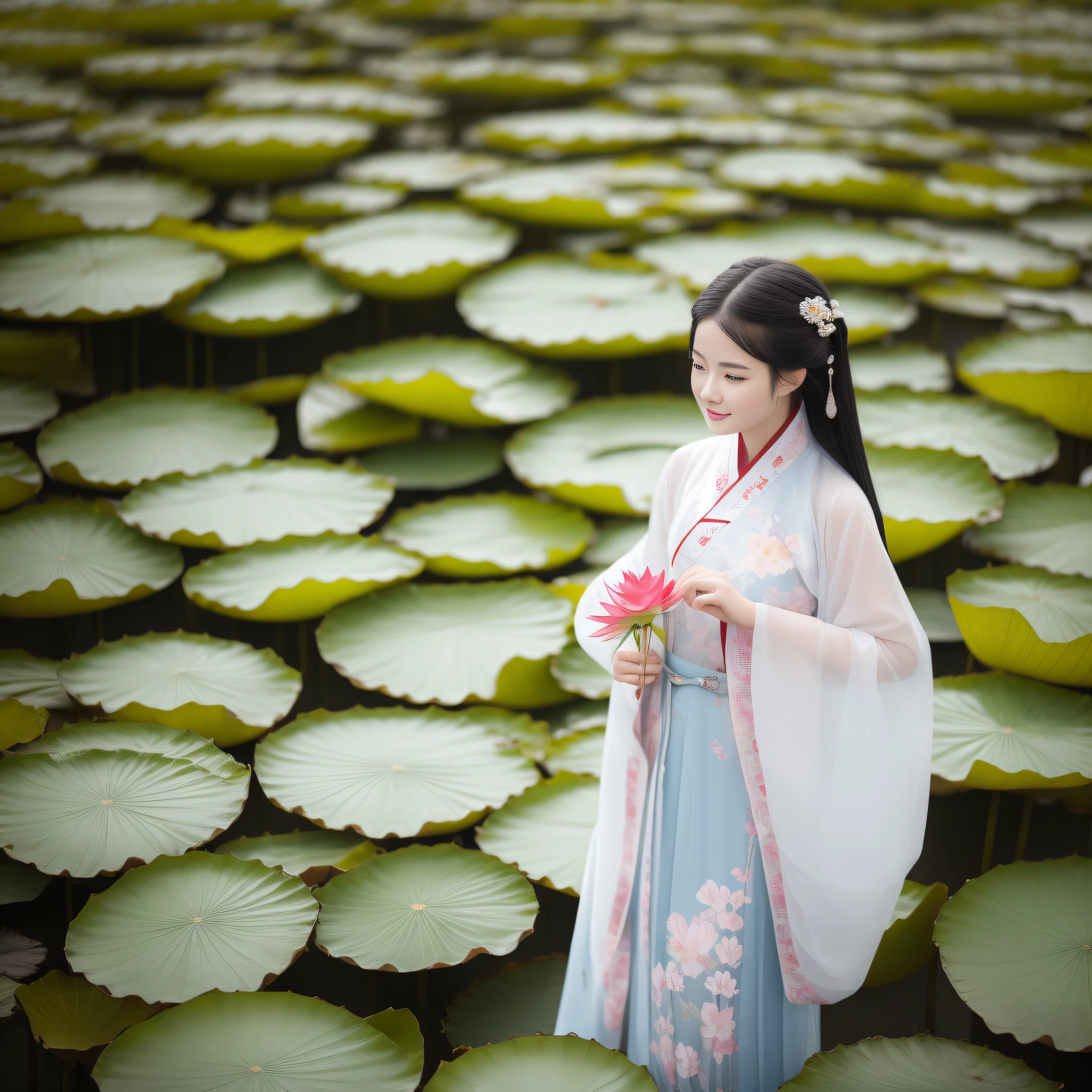 On a rainy day，Hanfu woman standing in the middle of the building picking lotus flowers，