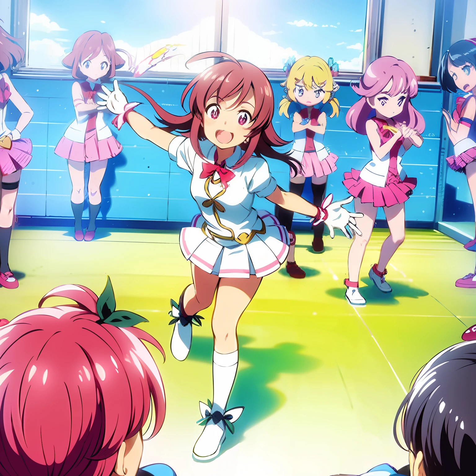 Anime characters for school dance class in classroom, magical girl anime mahou shojo, nffsw, style of magical girl, kinmoza!, inspired by Matsumura Goshun, magical little girl, Ecchi anime style, Chibi Anime, anime hi-fructose, animesque, Anime!!!!!!!!!!!!!!!, humanoid pink female squid girl, Twin-tailed, top-quality, masterpiece, (Realism:1.2)