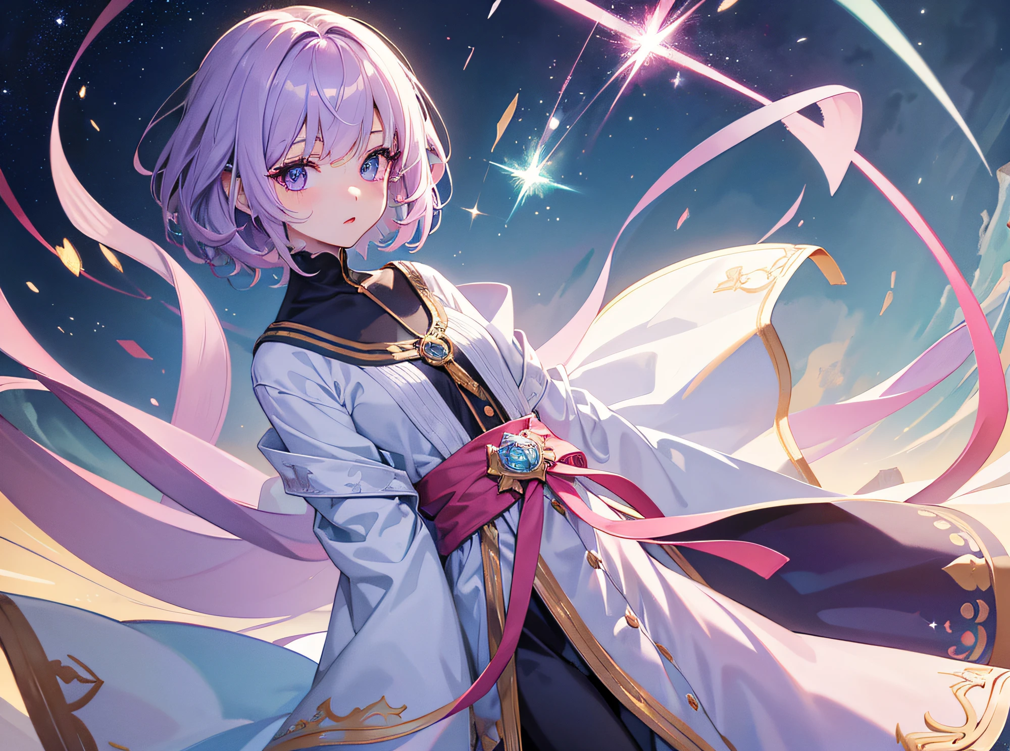 hyper detailed illustration ,superfine illustration, ((((​masterpiece)))), High quality, very_high_resolution, Large_filesize, fulcolor ,Very cute and beautiful girl,Very cute and beautiful anime face and eyes, Very delicate eyes,eye shadow,Female, 年轻,20 years old, Short hair, Solo, 1 girl, pale skin , Waist to head, multicolored hair(Light purple)、Angle from above、bathrobe、yawns、 small tits, arms behind back, watercolor paiting、Beautiful background、Fantastic background、sparklers