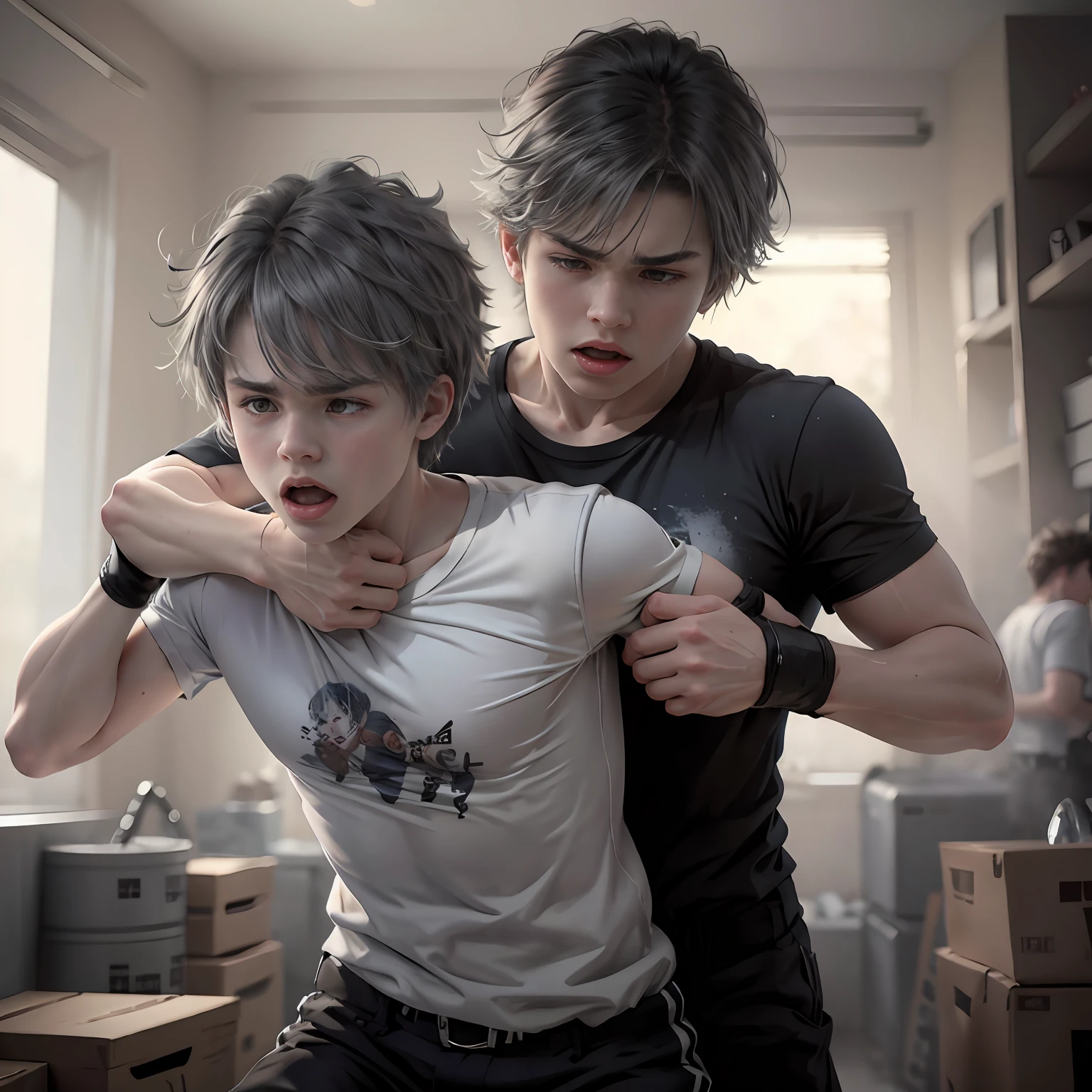 Pale gray hair14--old tries to escape from his brother, His older brother uses violence and forcibly stops him and beats him The boy cries and screams ,Platinum gray hair A 15-yearld grabss 15-year-old brotr be nec, They are facing each other are fighting their angry face, grabs him by the shirt and threatens to hit him with his fist....... , esta enfadado con ganas de golpearlo ambos tienen cabello gris plateado camisetas negras